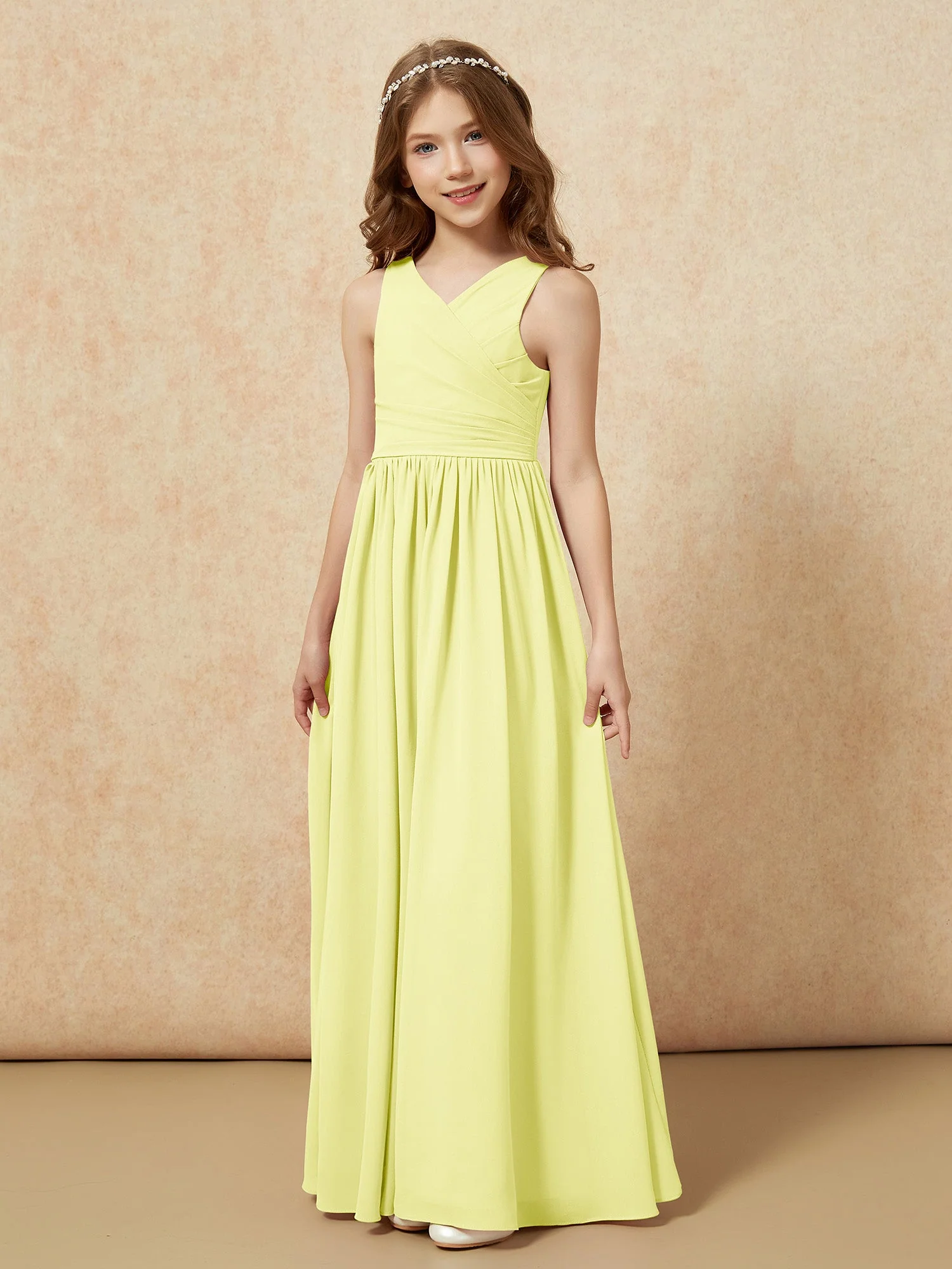 Plissee V-Ausschnitt Chiffon Lang Junge Brautjungfernkleider Narzisse - Image 3