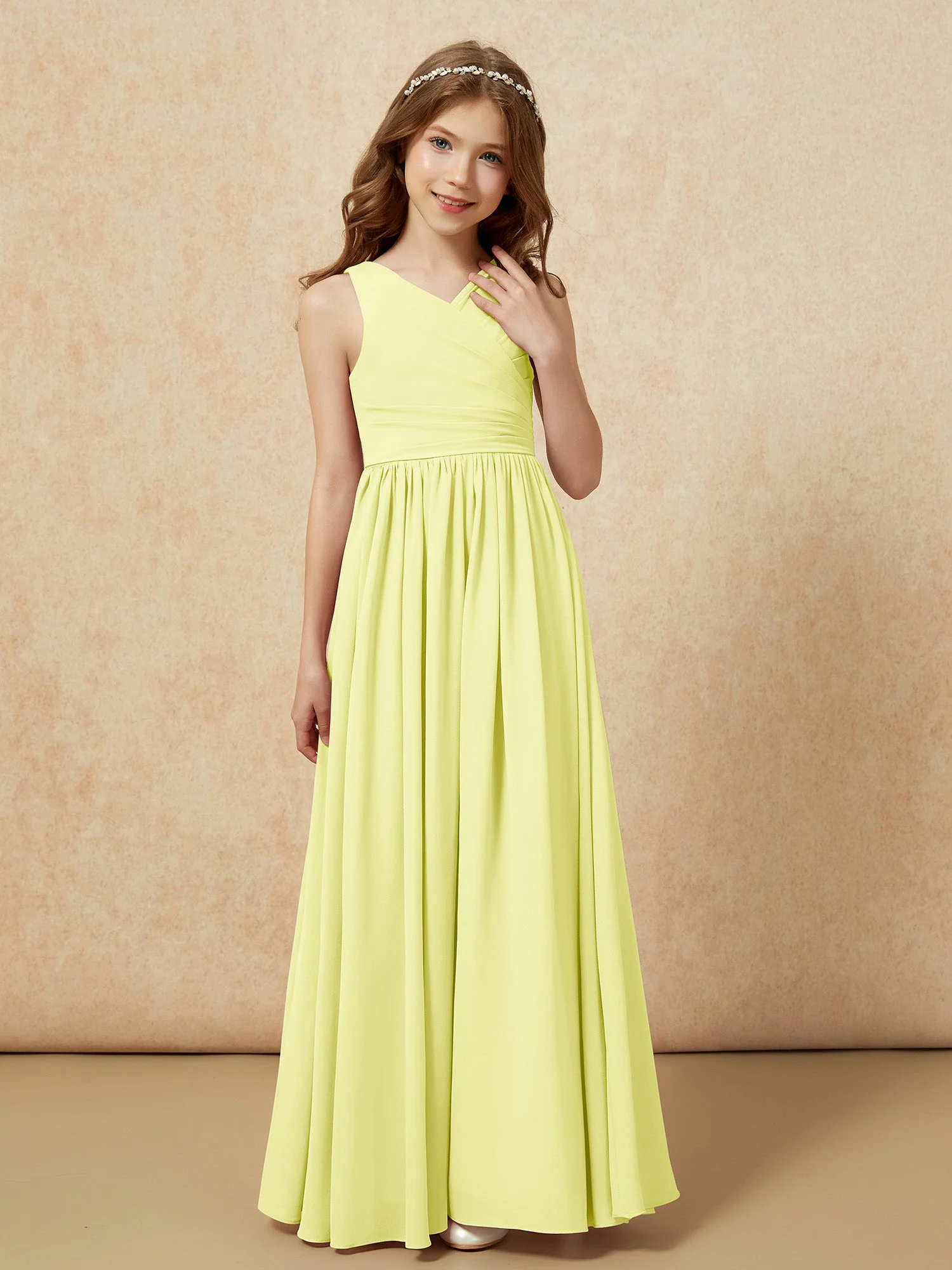 Plissee V-Ausschnitt Chiffon Lang Junge Brautjungfernkleider Narzisse - Image 5