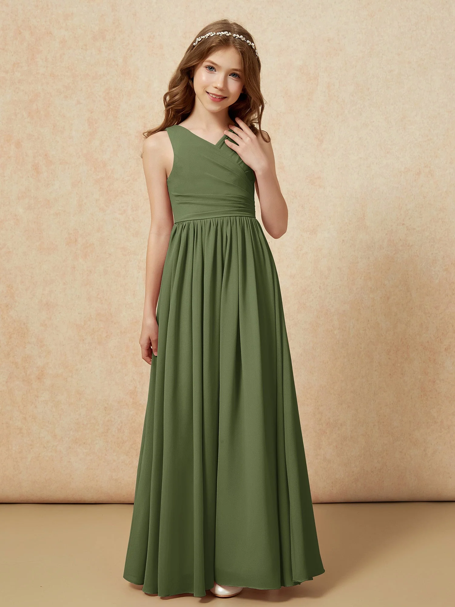 Plissee V-Ausschnitt Chiffon Lang Junge Brautjungfernkleider Olivgrün - Image 5