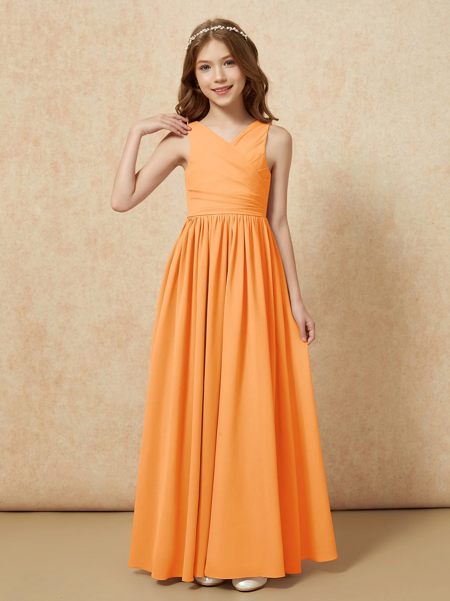 Plissee V-Ausschnitt Chiffon Lang Junge Brautjungfernkleider Orange