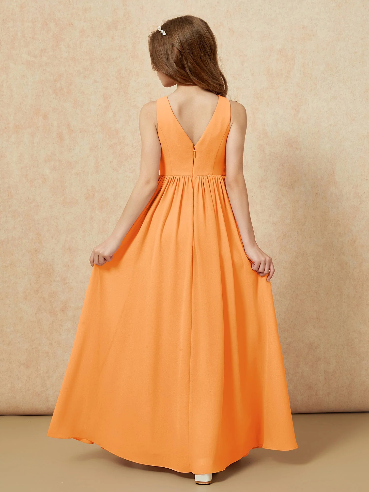 Plissee V-Ausschnitt Chiffon Lang Junge Brautjungfernkleider Orange - Image 2