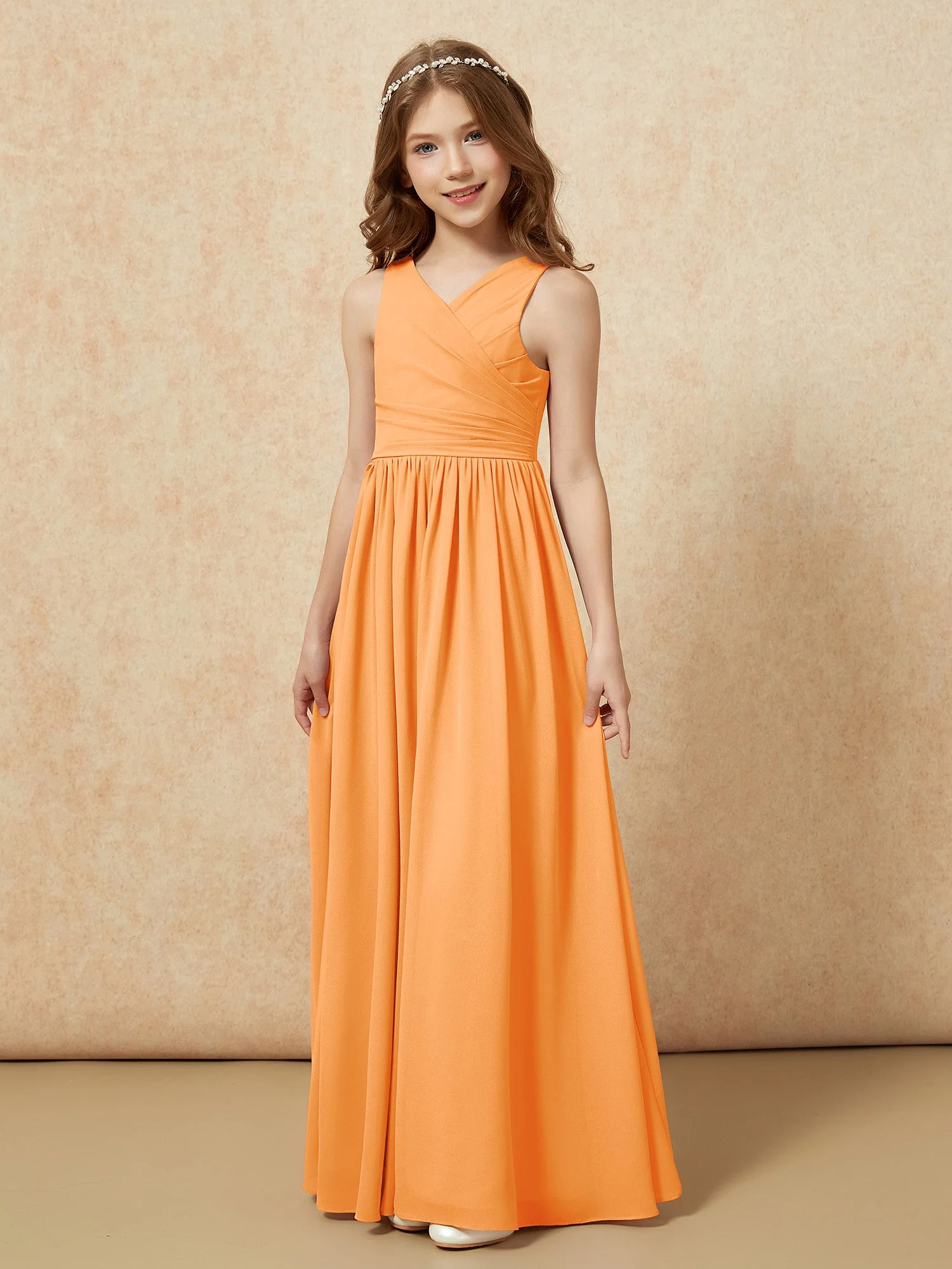 Plissee V-Ausschnitt Chiffon Lang Junge Brautjungfernkleider Orange - Image 3