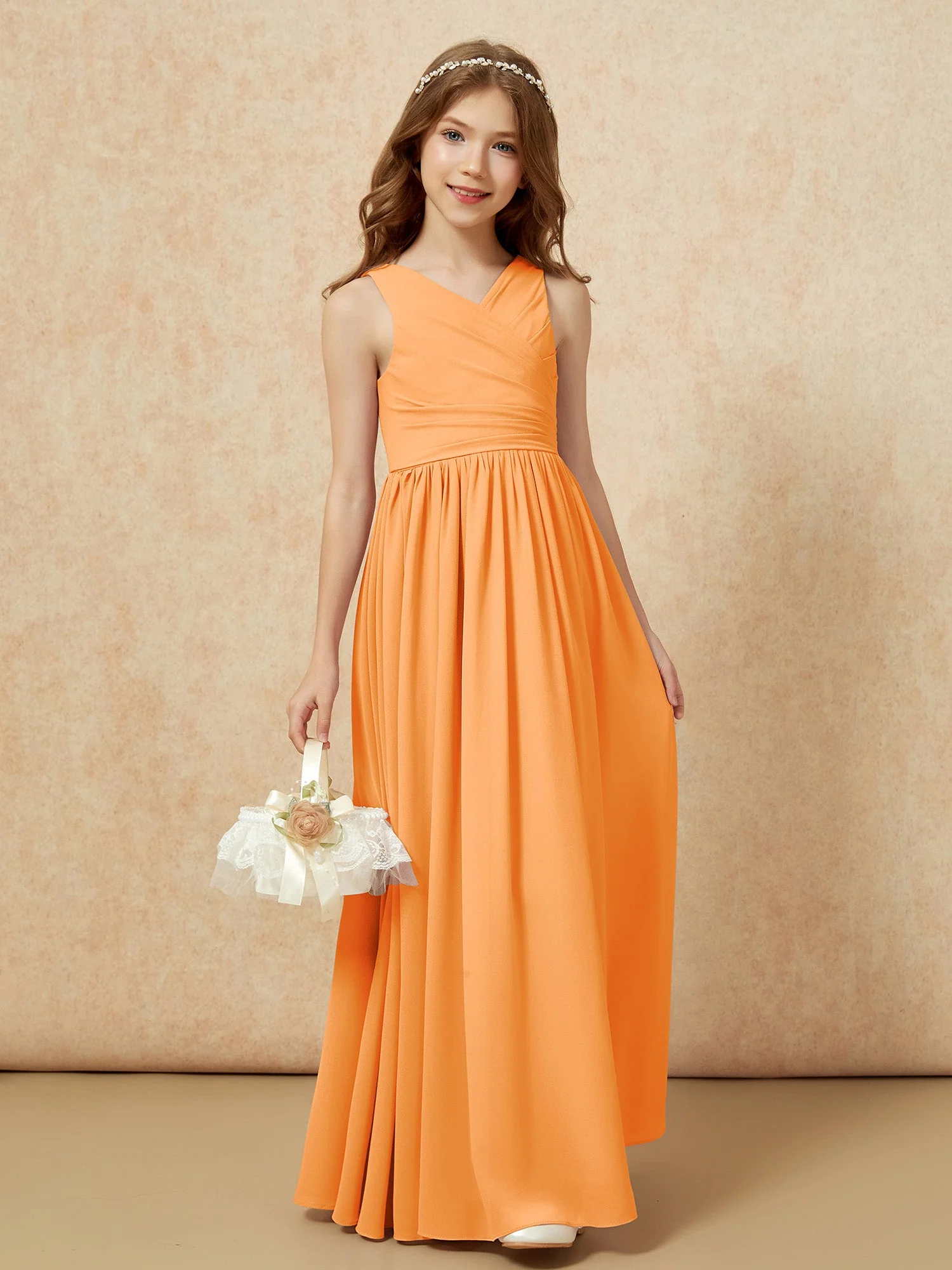Plissee V-Ausschnitt Chiffon Lang Junge Brautjungfernkleider Orange - Image 4