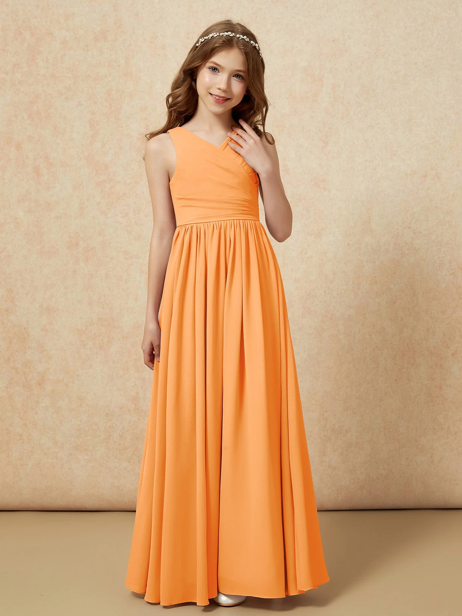 Plissee V-Ausschnitt Chiffon Lang Junge Brautjungfernkleider Orange - Image 5