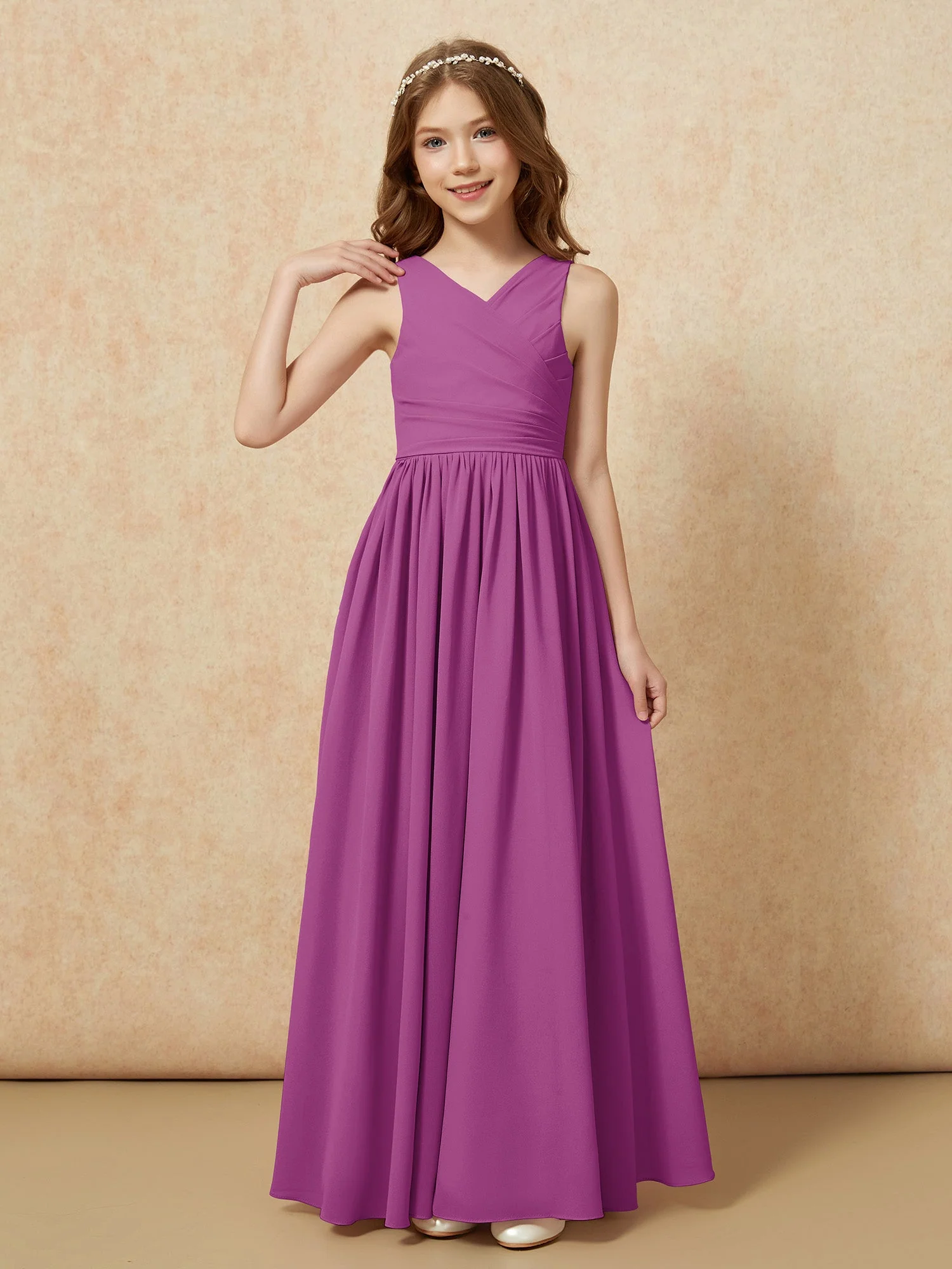 Plissee V-Ausschnitt Chiffon Lang Junge Brautjungfernkleider Orchidee