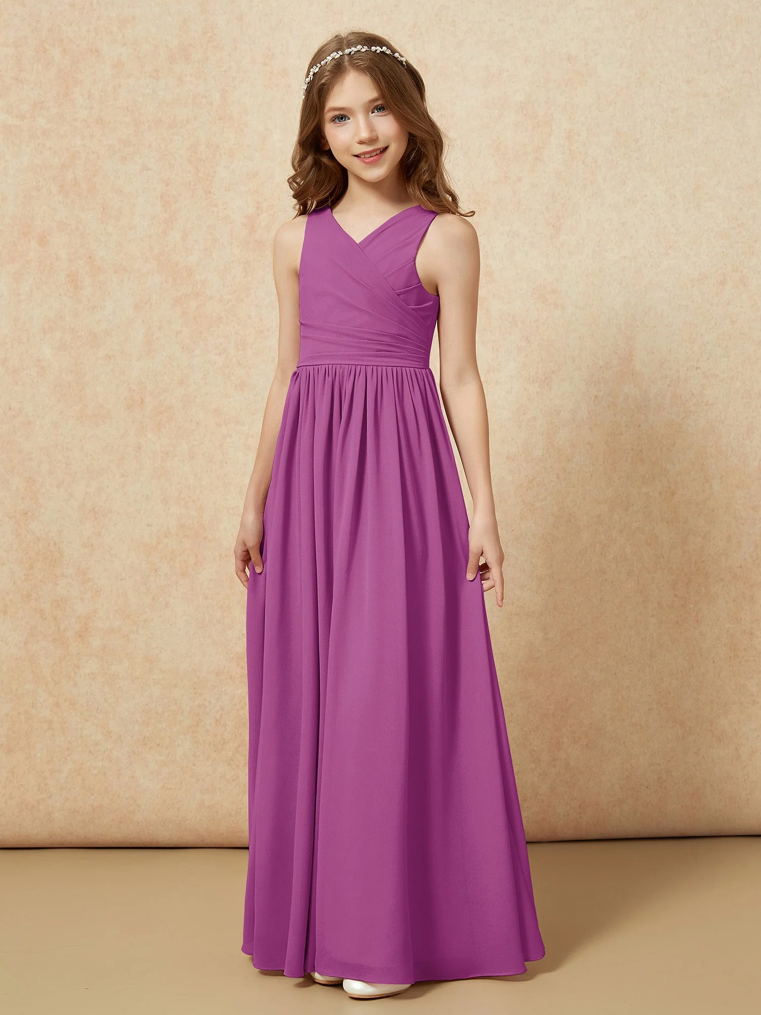 Plissee V-Ausschnitt Chiffon Lang Junge Brautjungfernkleider Orchidee - Image 3