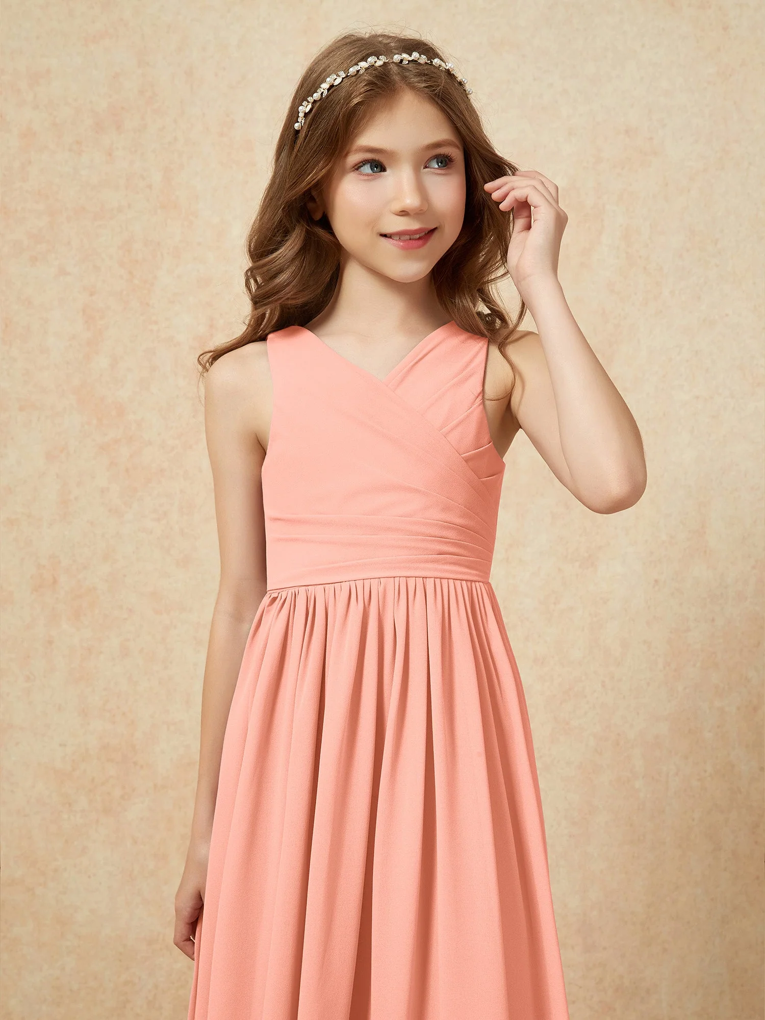 Plissee V-Ausschnitt Chiffon Lang Junge Brautjungfernkleider Papaya - Image 6