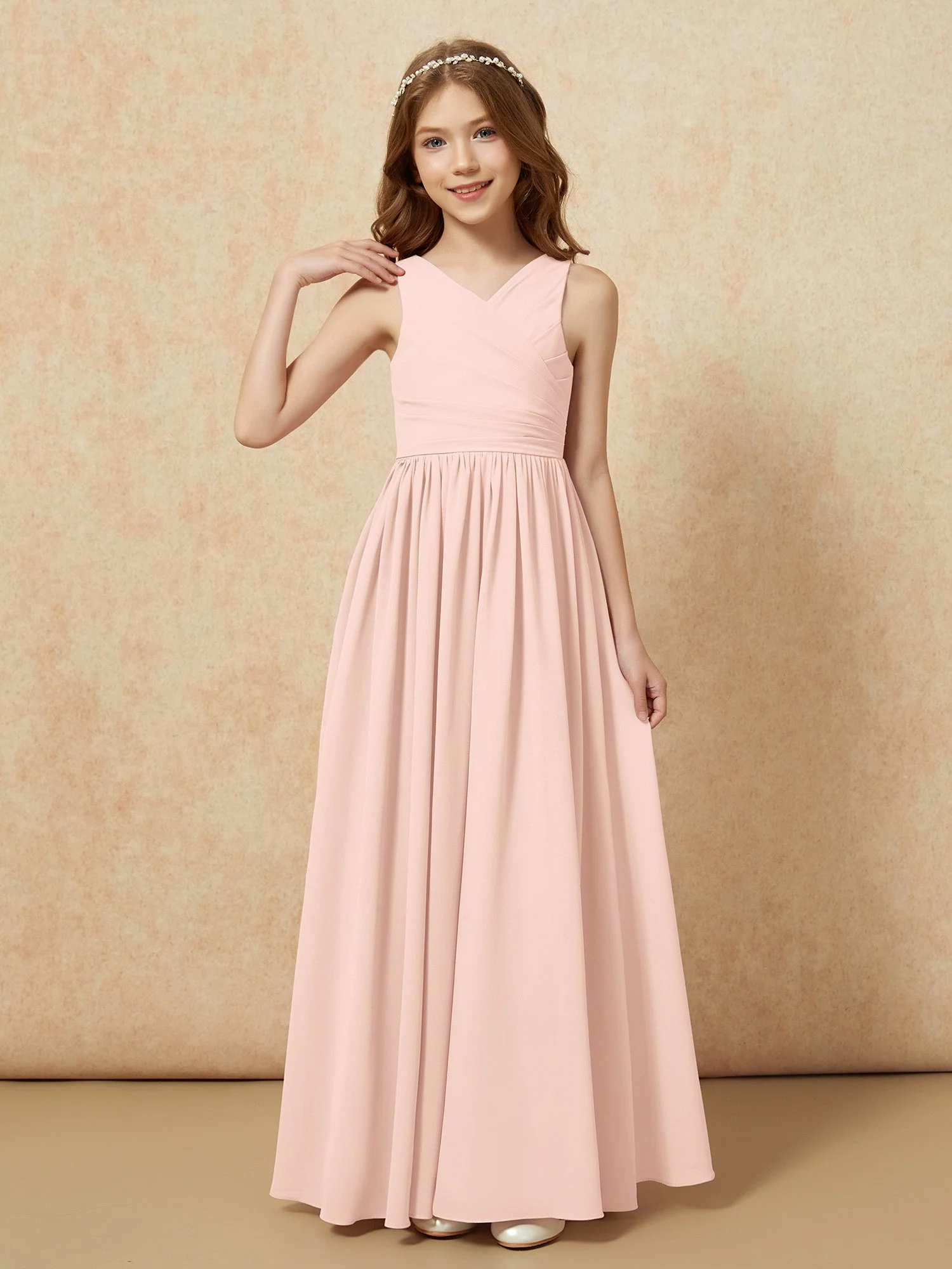 Plissee V-Ausschnitt Chiffon Lang Junge Brautjungfernkleider Perlrosa