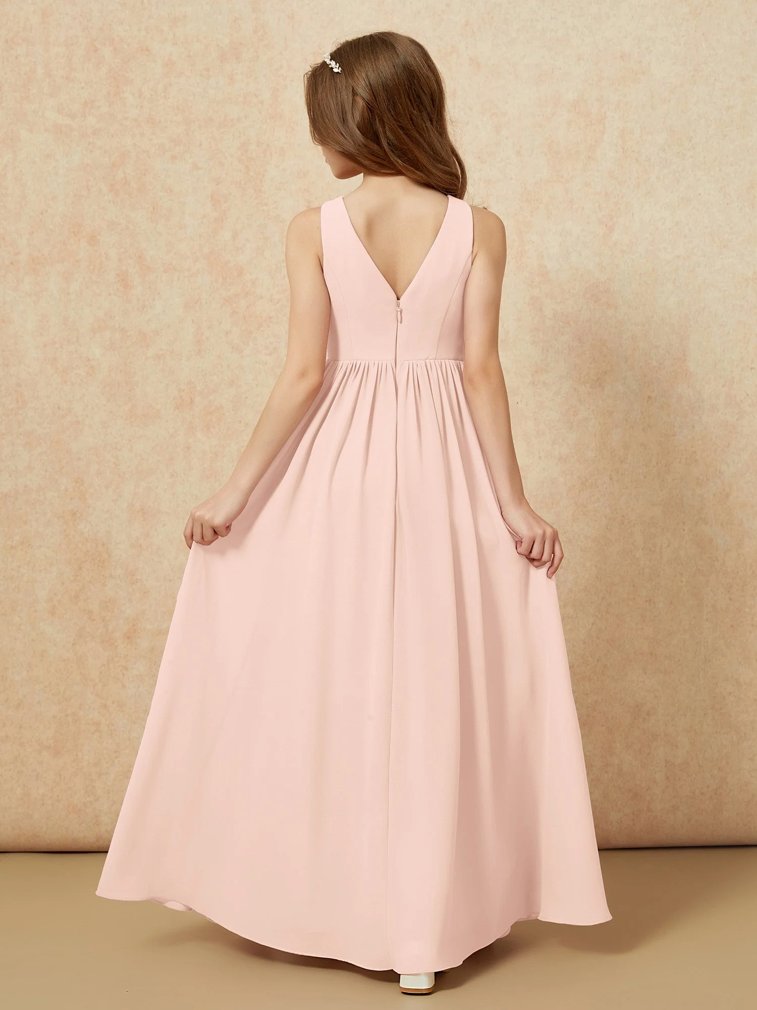 Plissee V-Ausschnitt Chiffon Lang Junge Brautjungfernkleider Perlrosa - Image 2