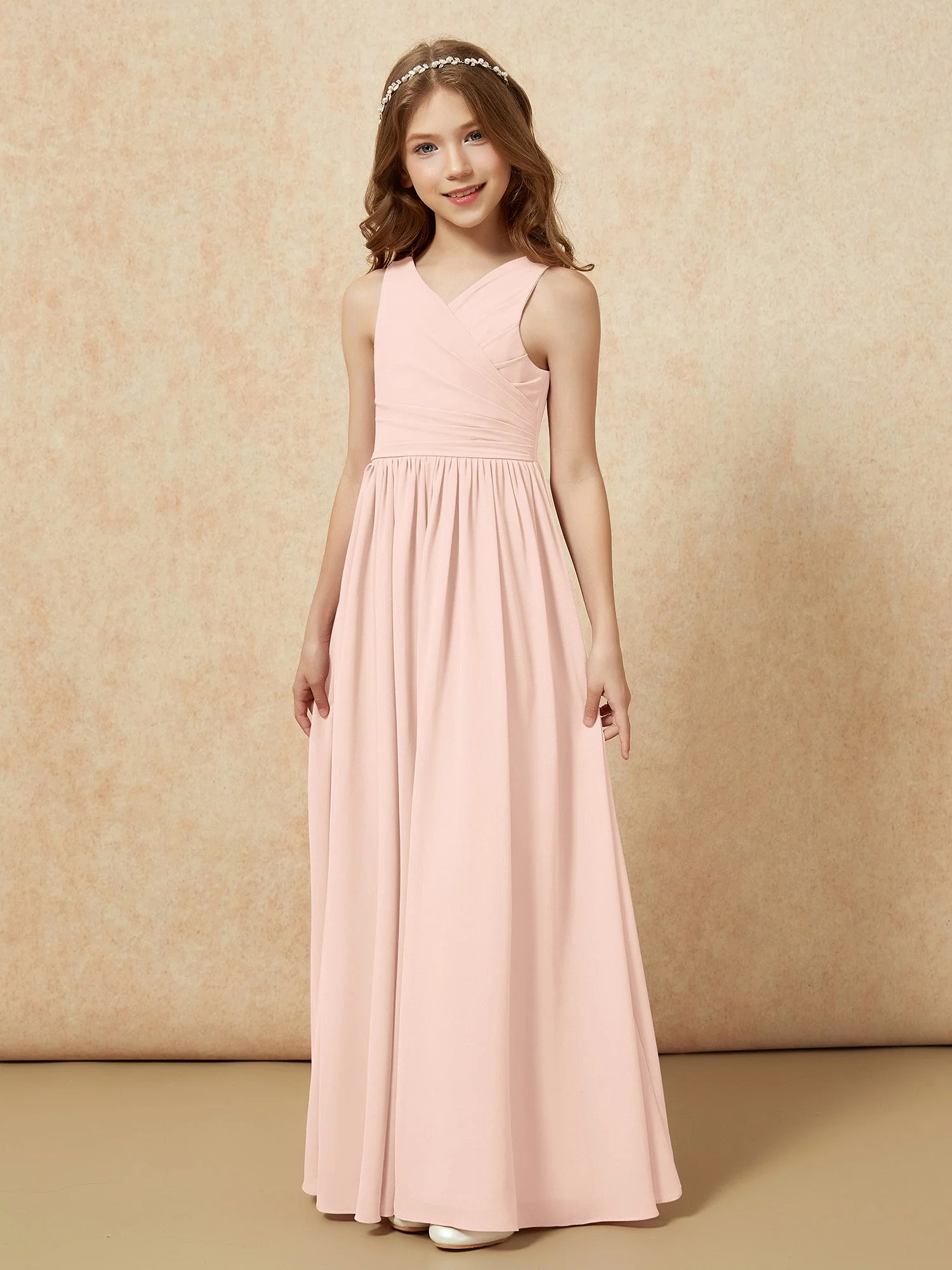 Plissee V-Ausschnitt Chiffon Lang Junge Brautjungfernkleider Perlrosa - Image 3
