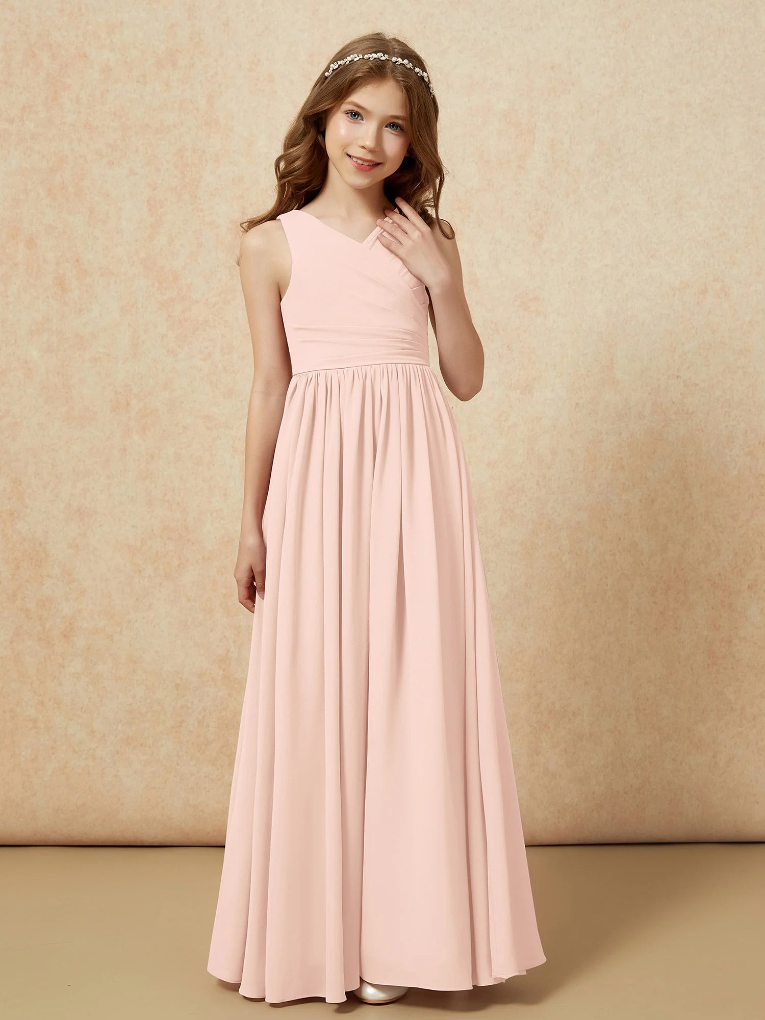 Plissee V-Ausschnitt Chiffon Lang Junge Brautjungfernkleider Perlrosa - Image 5