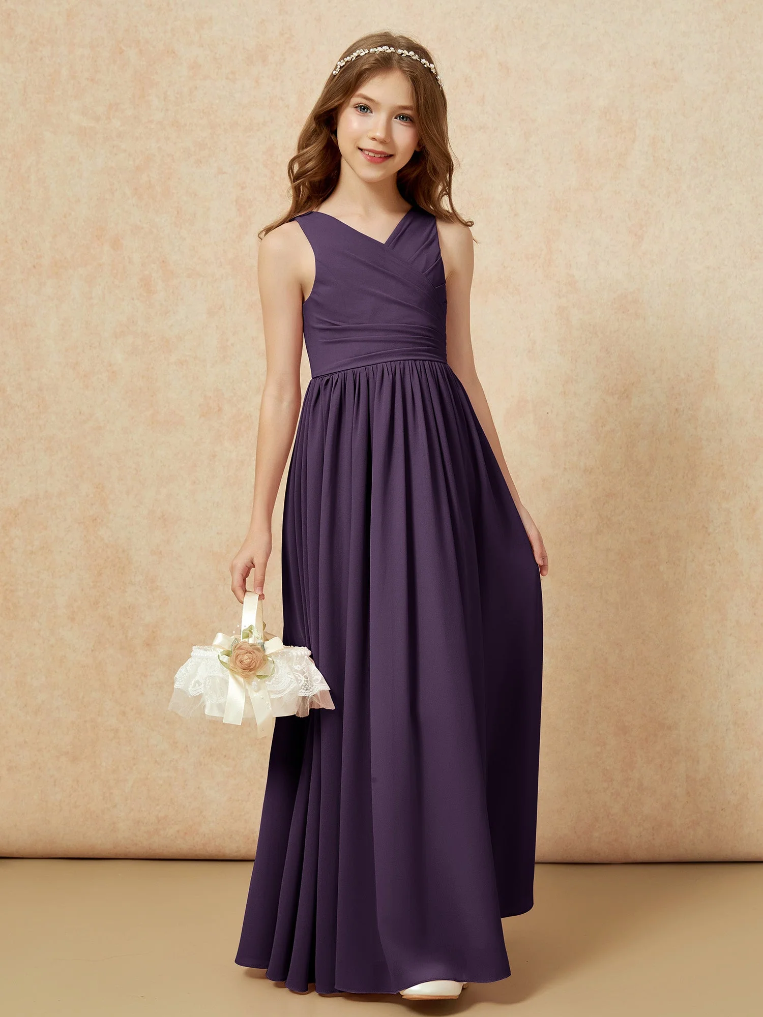 Plissee V-Ausschnitt Chiffon Lang Junge Brautjungfernkleider Plum - Image 4