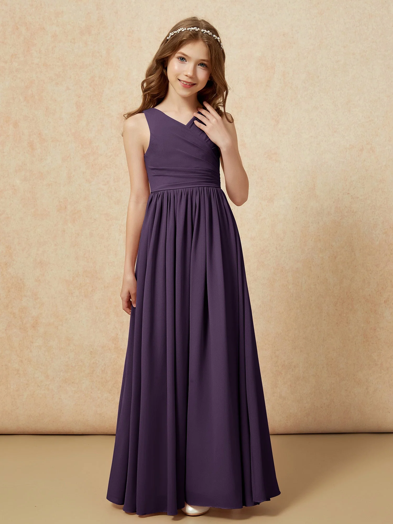 Plissee V-Ausschnitt Chiffon Lang Junge Brautjungfernkleider Plum - Image 5