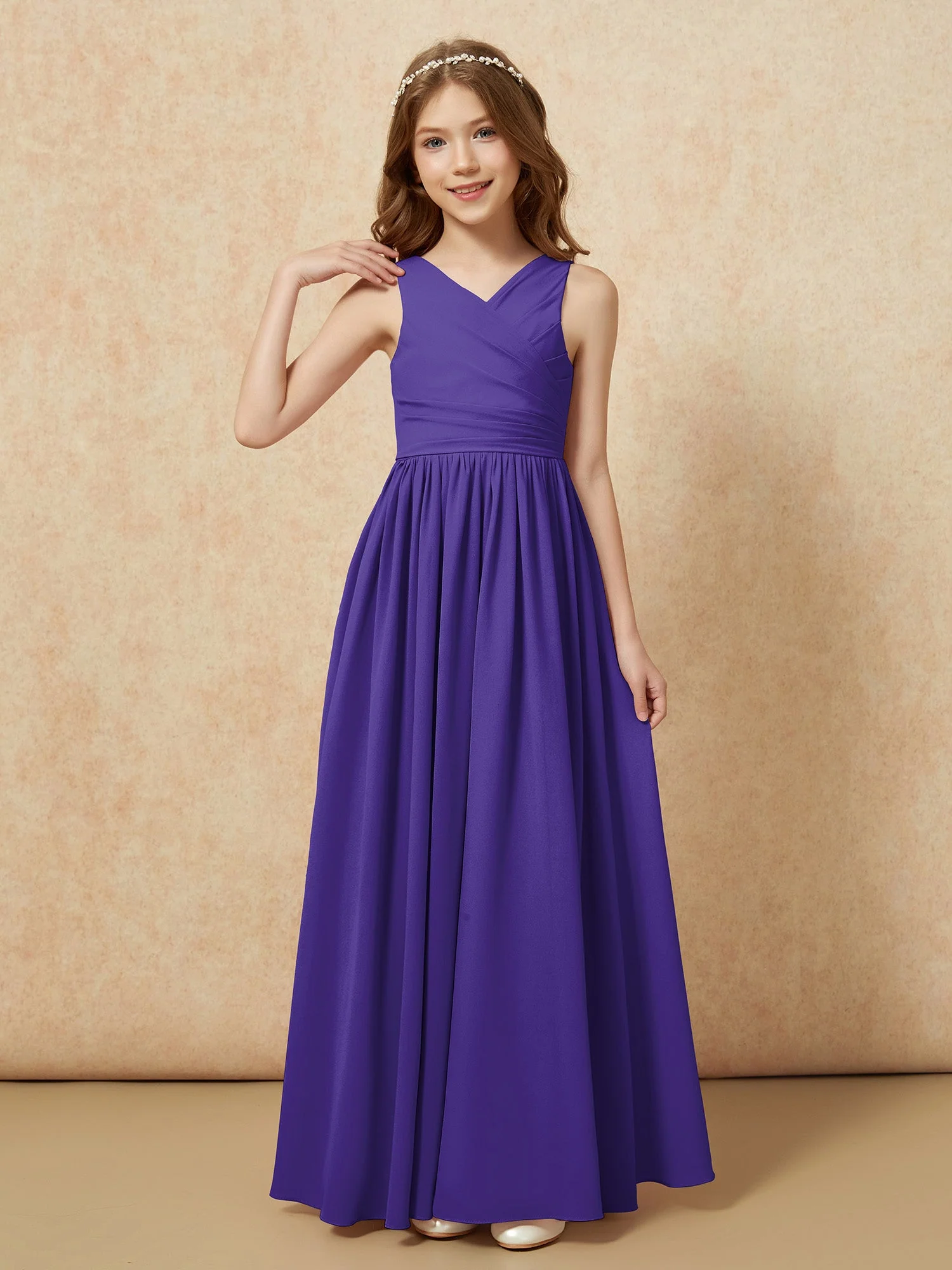 Plissee V-Ausschnitt Chiffon Lang Junge Brautjungfernkleider Regentschaft