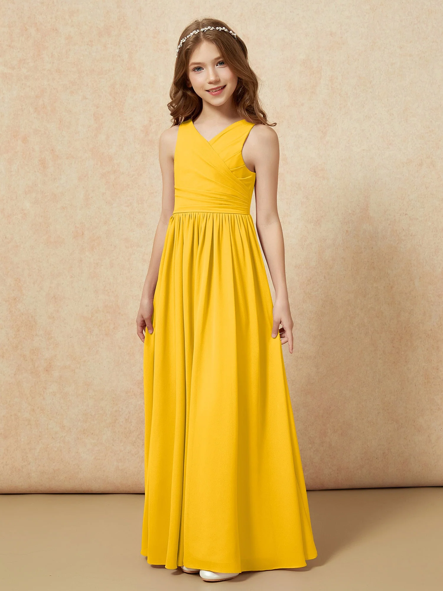 Plissee V-Ausschnitt Chiffon Lang Junge Brautjungfernkleider Ringelblume - Image 3