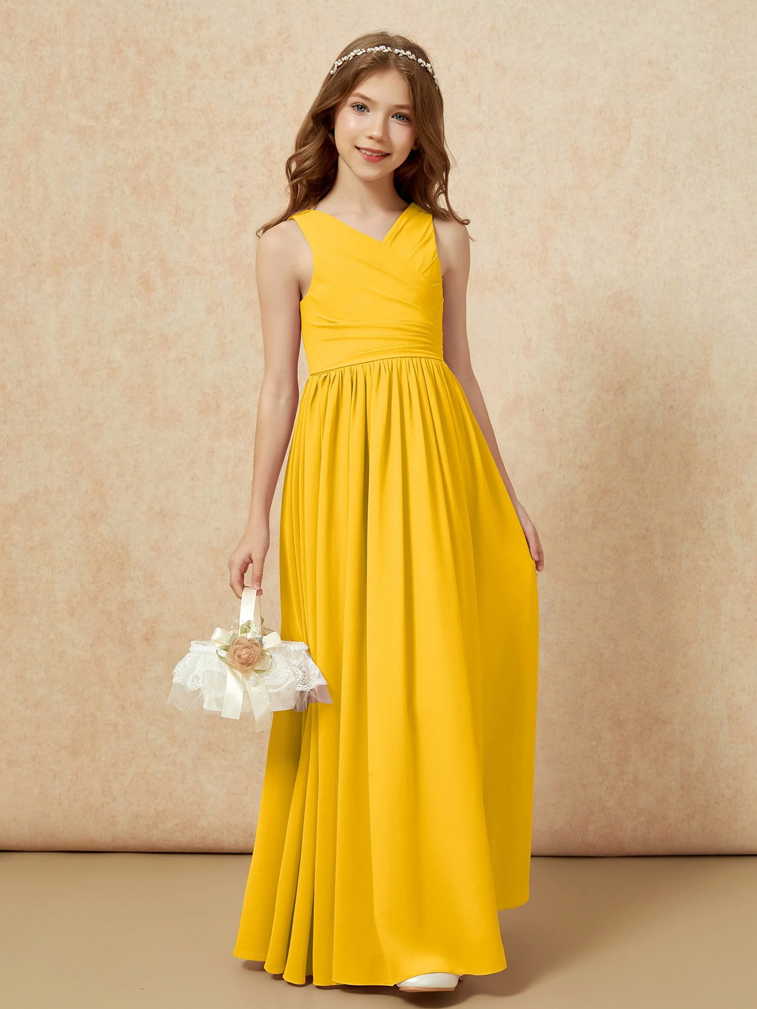 Plissee V-Ausschnitt Chiffon Lang Junge Brautjungfernkleider Ringelblume - Image 4