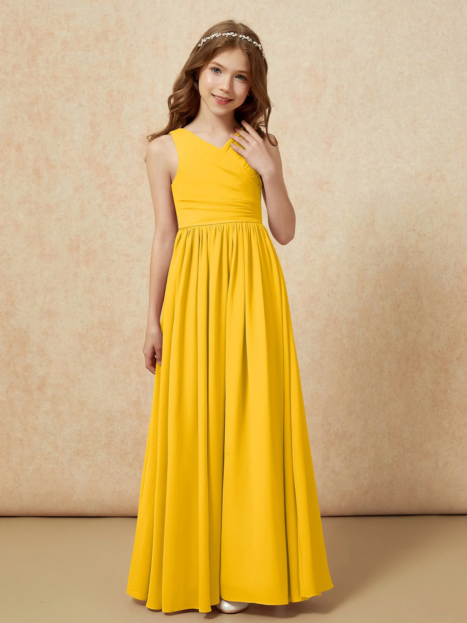 Plissee V-Ausschnitt Chiffon Lang Junge Brautjungfernkleider Ringelblume - Image 5