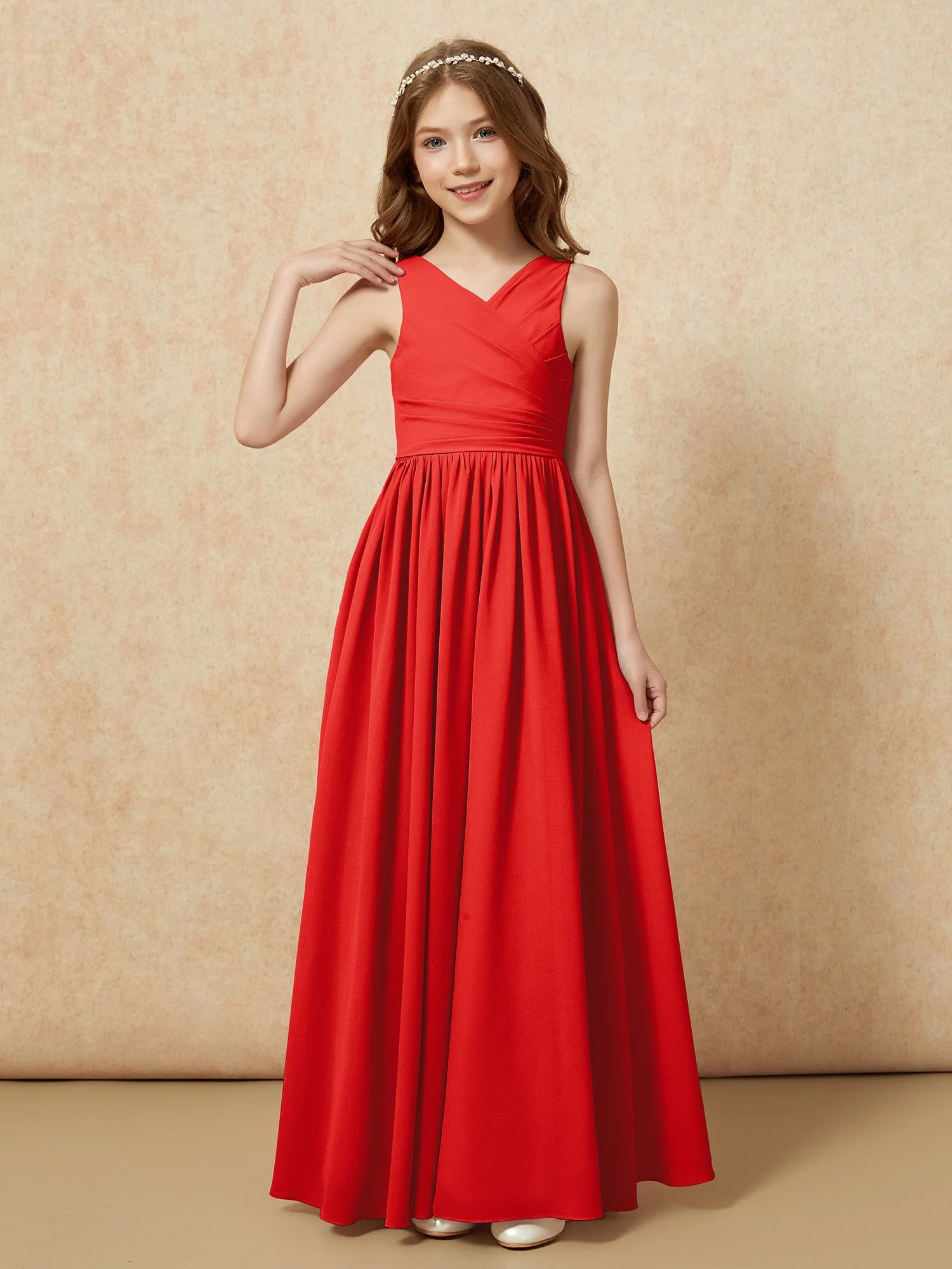 Plissee V-Ausschnitt Chiffon Lang Junge Brautjungfernkleider Rot