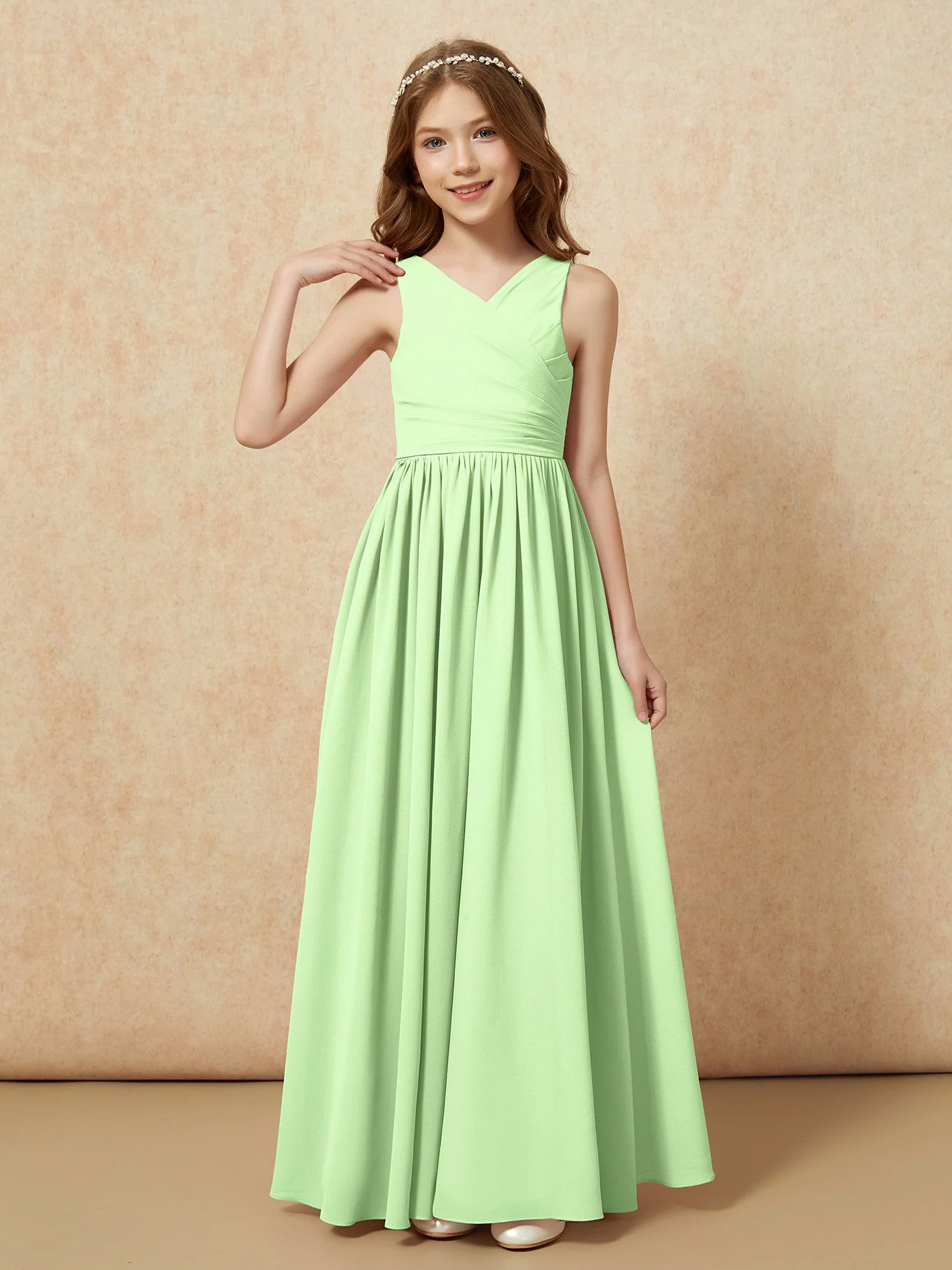 Plissee V-Ausschnitt Chiffon Lang Junge Brautjungfernkleider Salbei