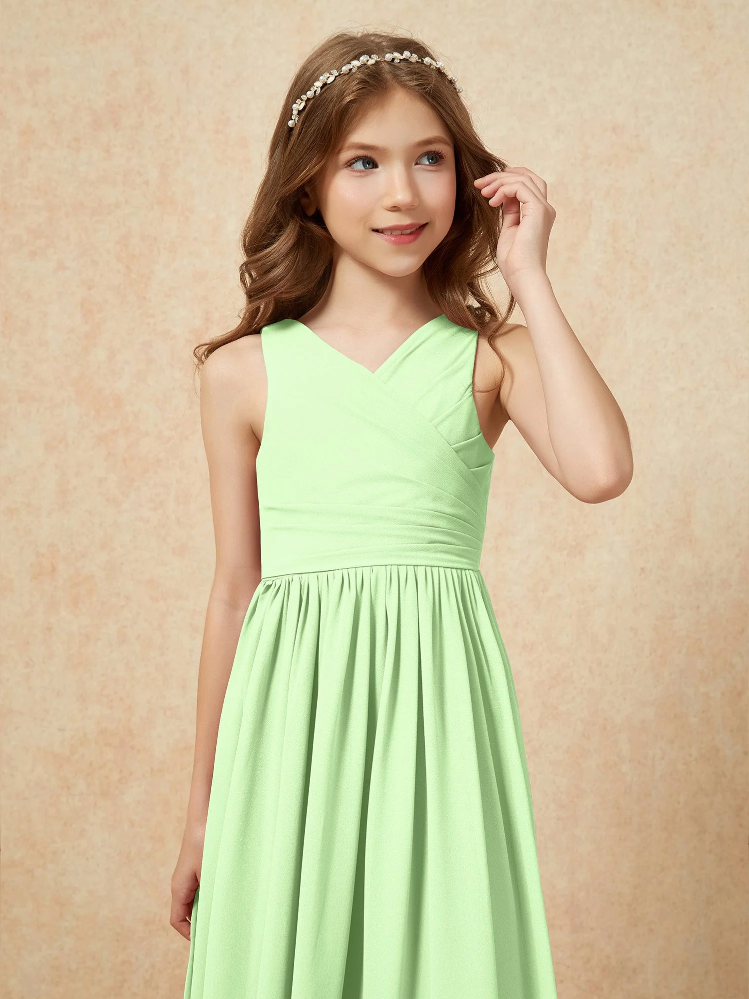 Plissee V-Ausschnitt Chiffon Lang Junge Brautjungfernkleider Salbei - Image 6