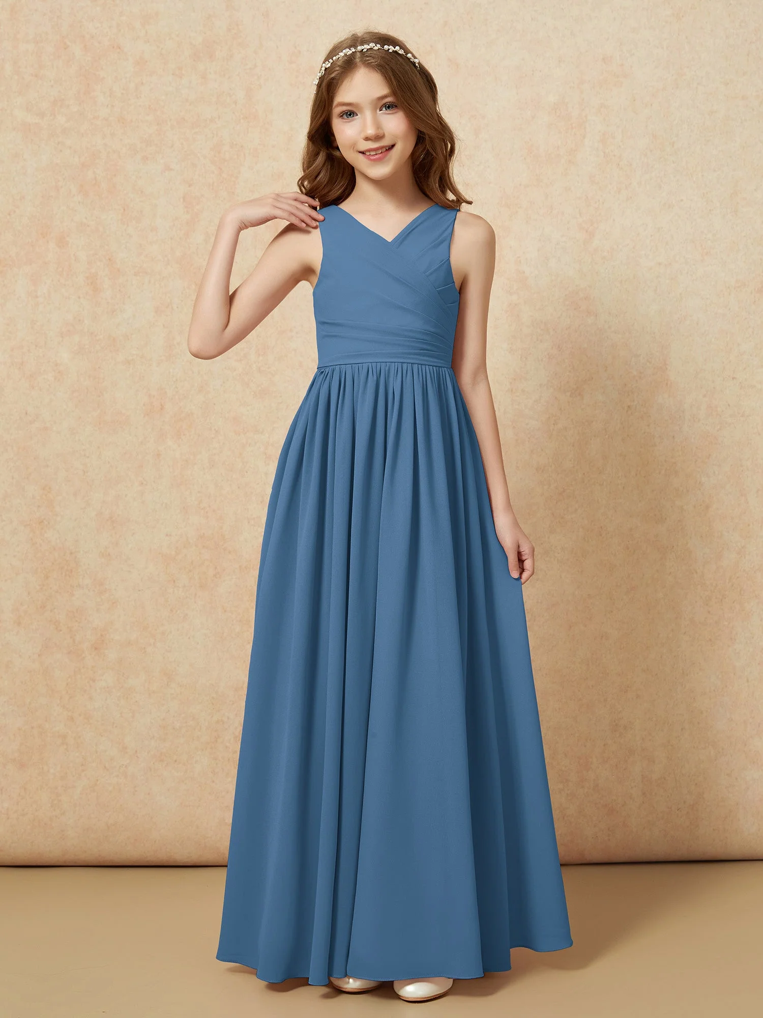 Plissee V-Ausschnitt Chiffon Lang Junge Brautjungfernkleider Schiefer Blau