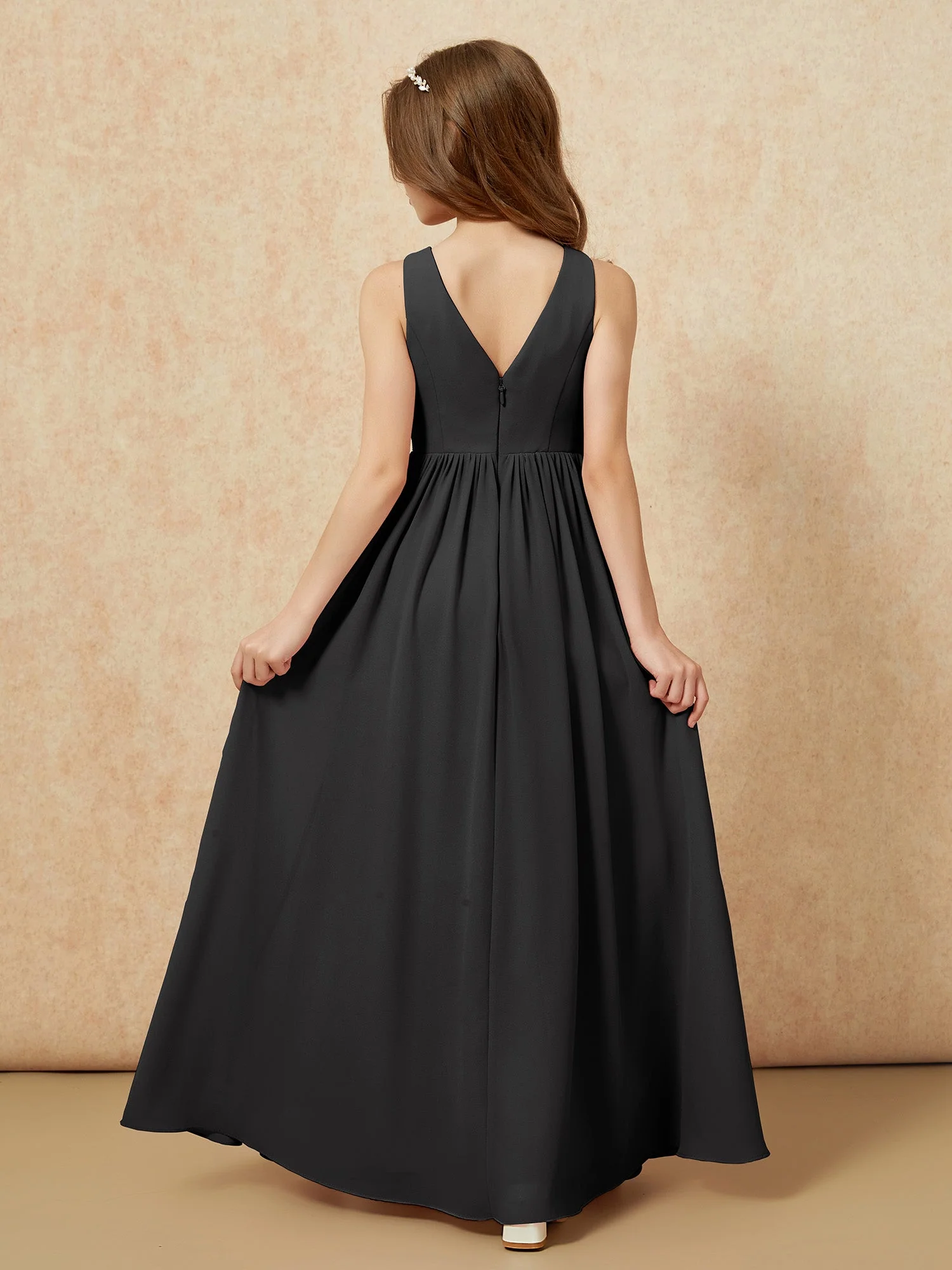 Plissee V-Ausschnitt Chiffon Lang Junge Brautjungfernkleider Schwarz - Image 2