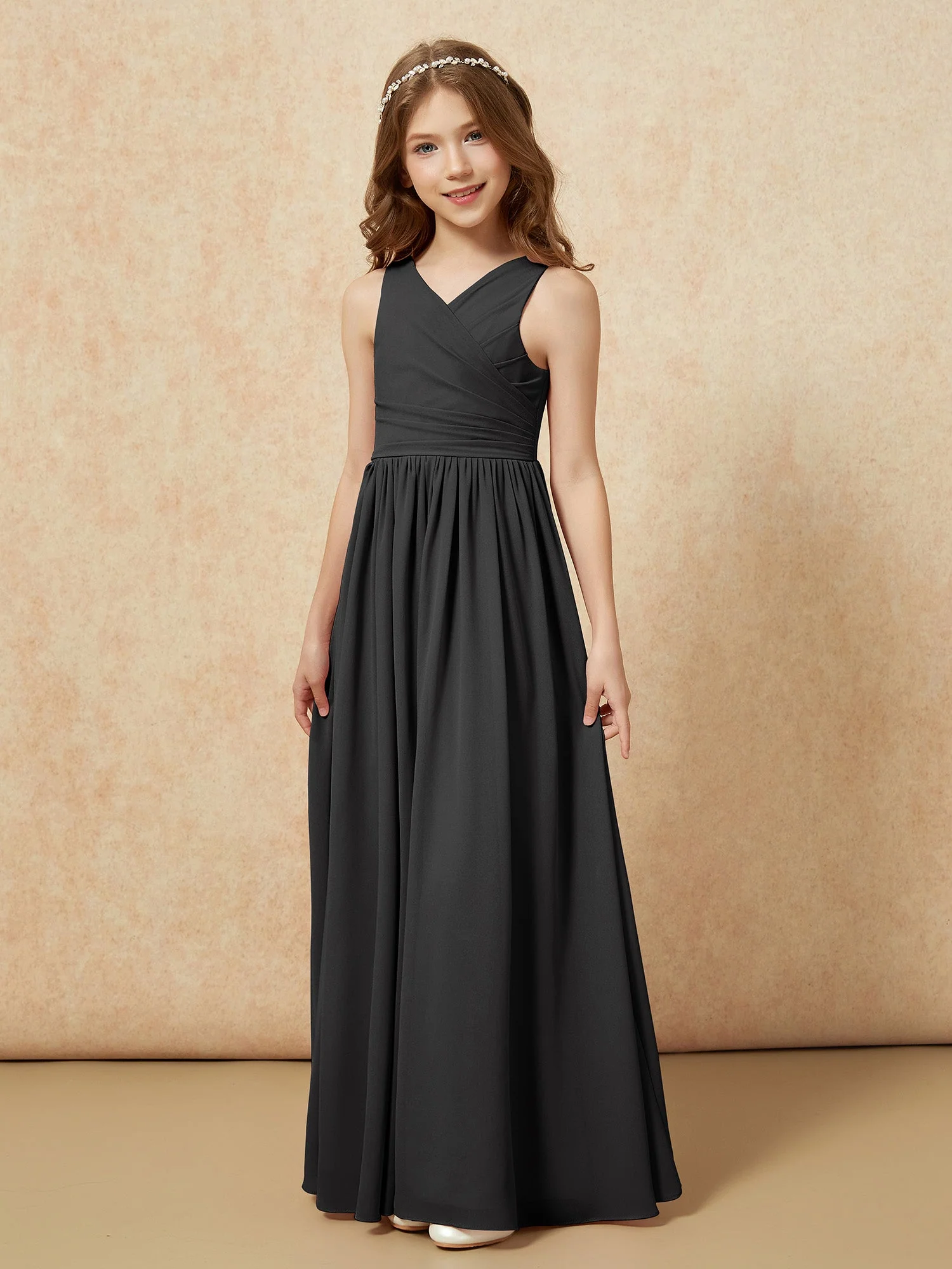 Plissee V-Ausschnitt Chiffon Lang Junge Brautjungfernkleider Schwarz - Image 3