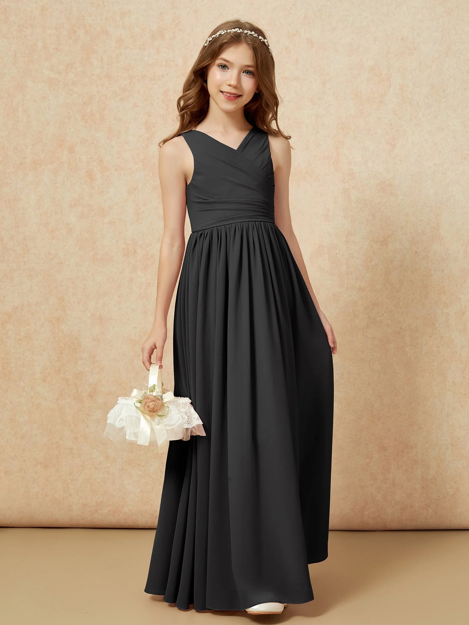 Plissee V-Ausschnitt Chiffon Lang Junge Brautjungfernkleider Schwarz - Image 4