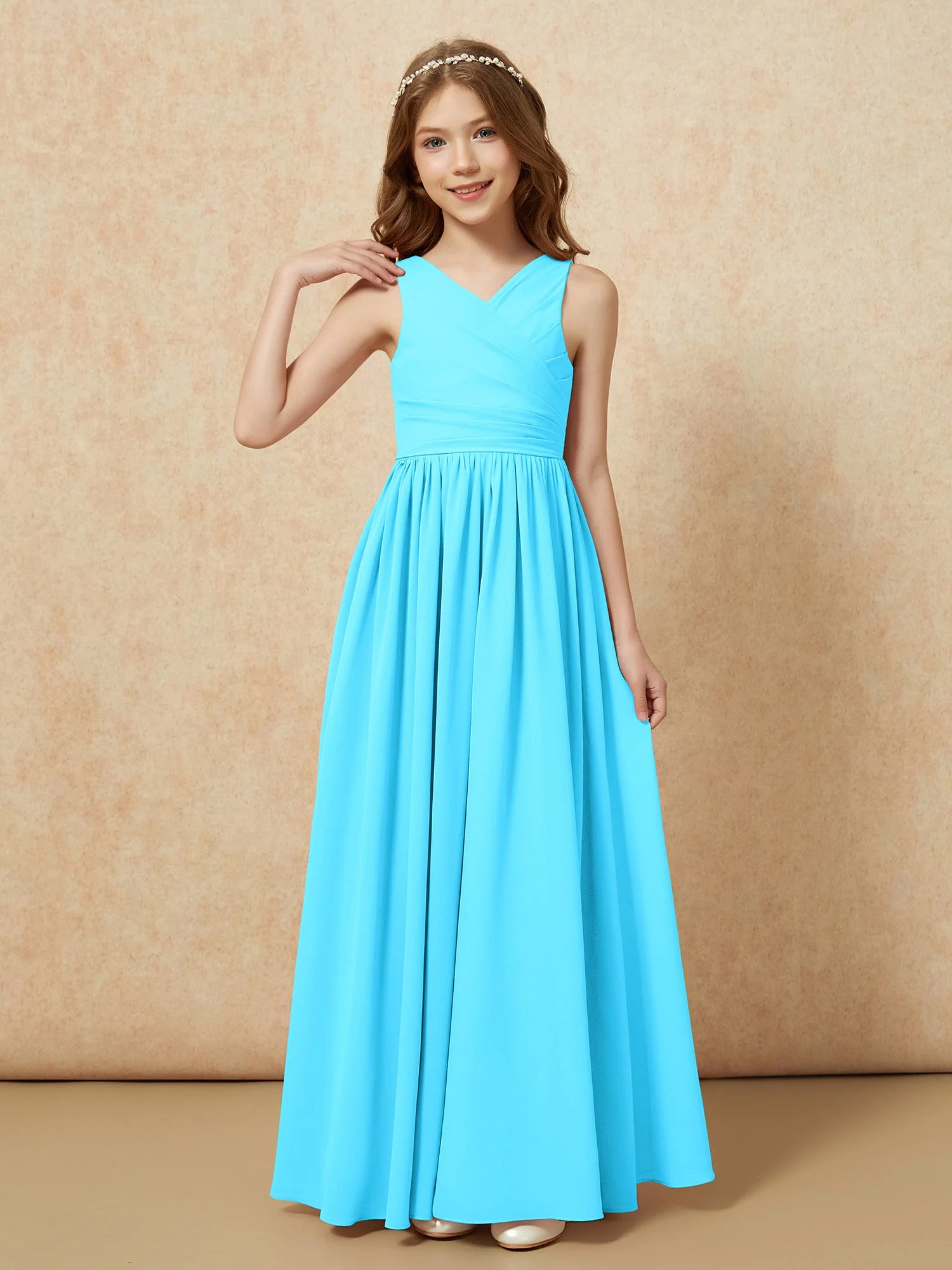Plissee V-Ausschnitt Chiffon Lang Junge Brautjungfernkleider Schwimmbadblau