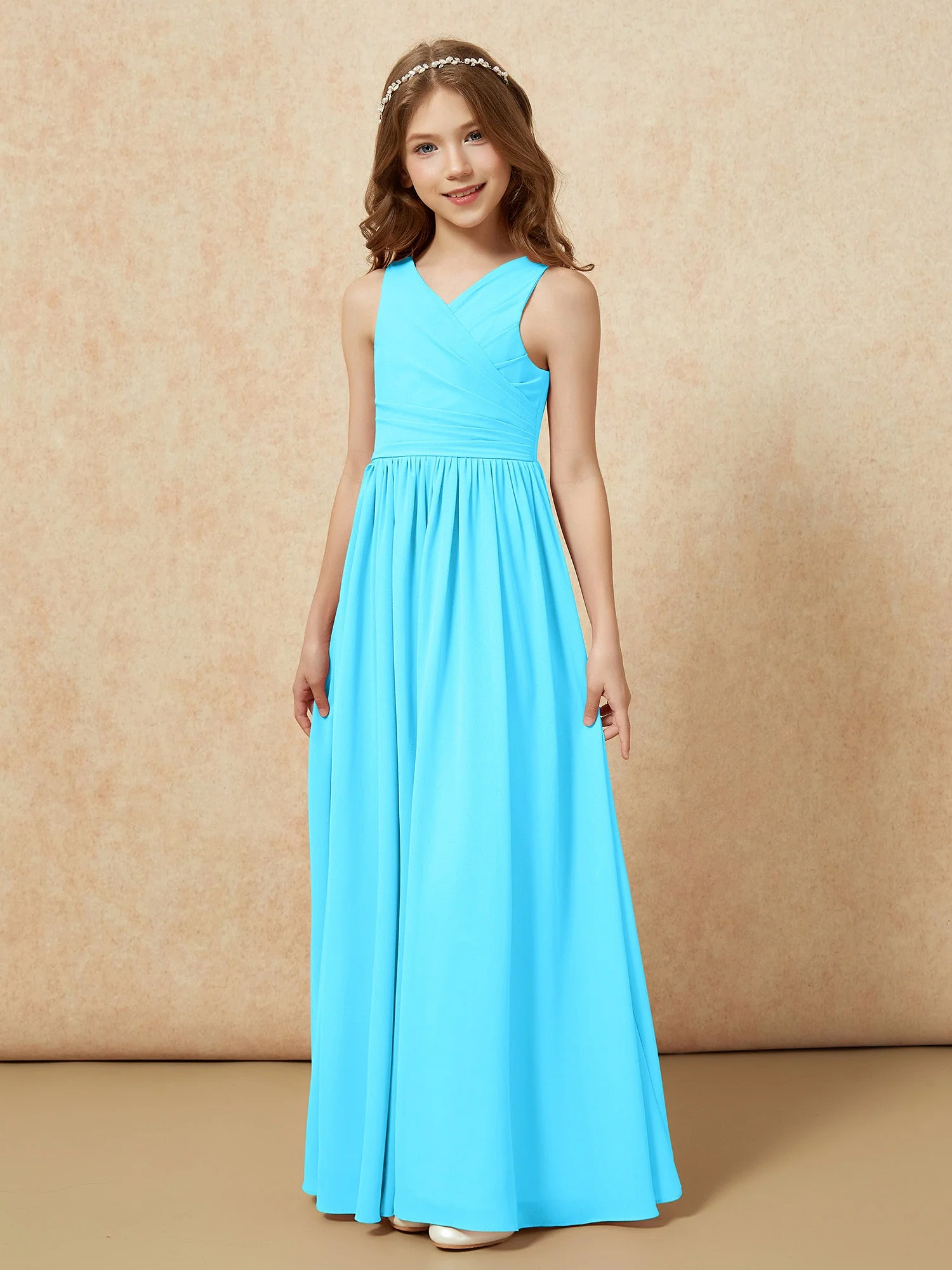 Plissee V-Ausschnitt Chiffon Lang Junge Brautjungfernkleider Schwimmbadblau - Image 3