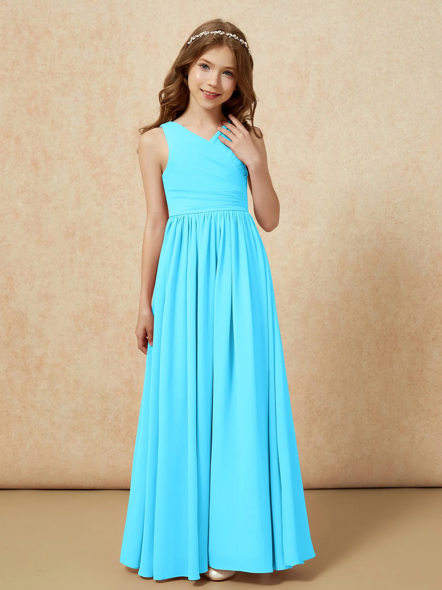 Plissee V-Ausschnitt Chiffon Lang Junge Brautjungfernkleider Schwimmbadblau - Image 5