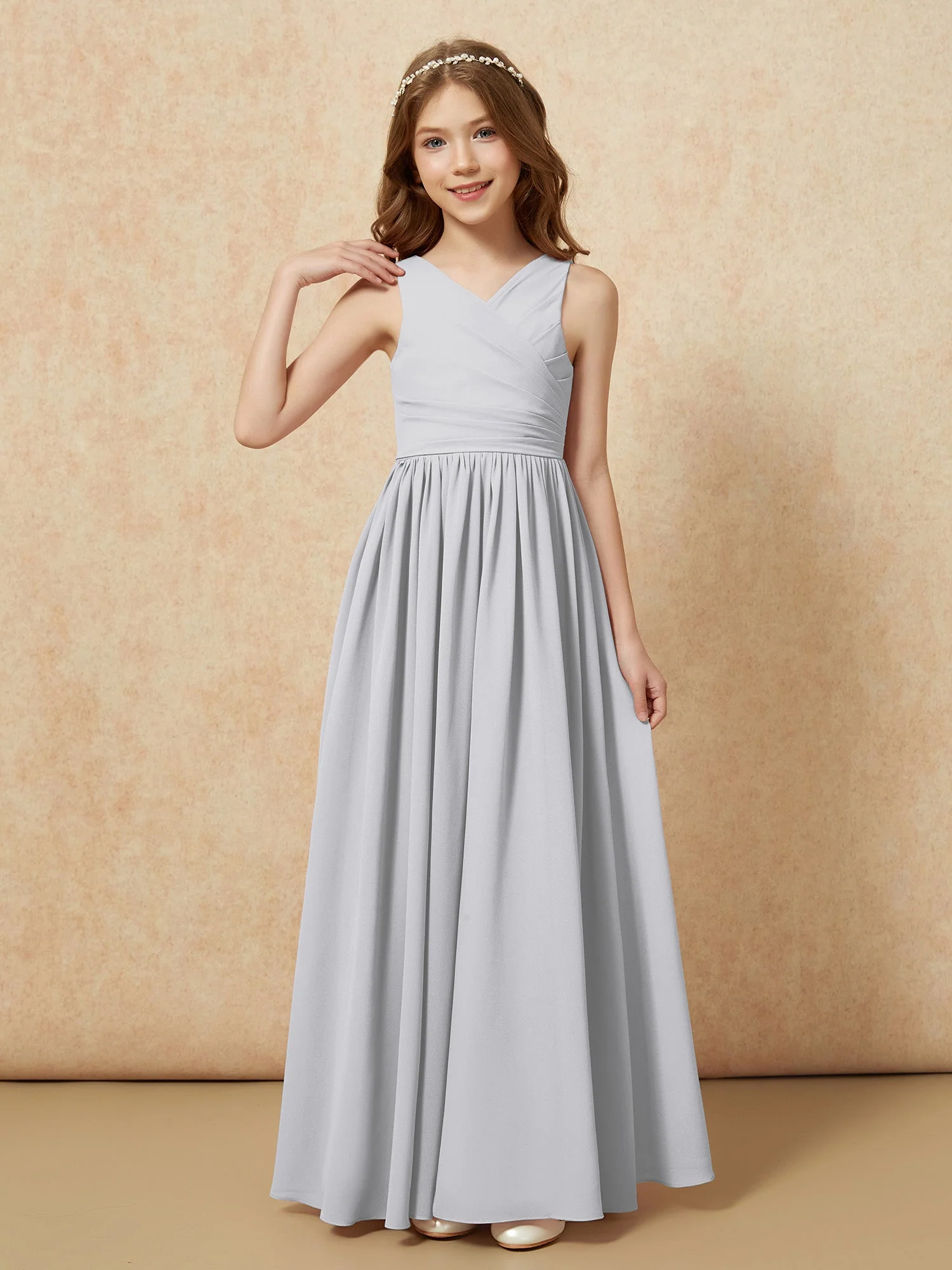 Plissee V-Ausschnitt Chiffon Lang Junge Brautjungfernkleider Silber