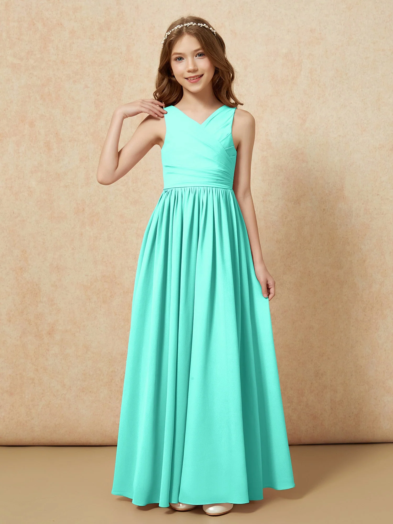 Plissee V-Ausschnitt Chiffon Lang Junge Brautjungfernkleider Spa