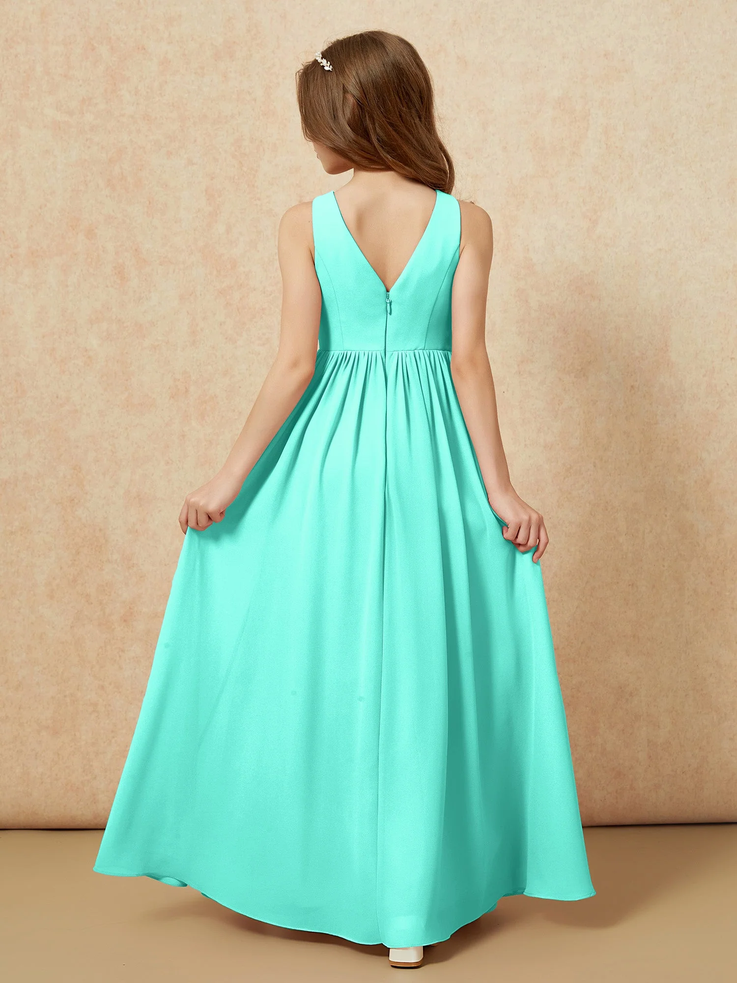 Plissee V-Ausschnitt Chiffon Lang Junge Brautjungfernkleider Spa - Image 2