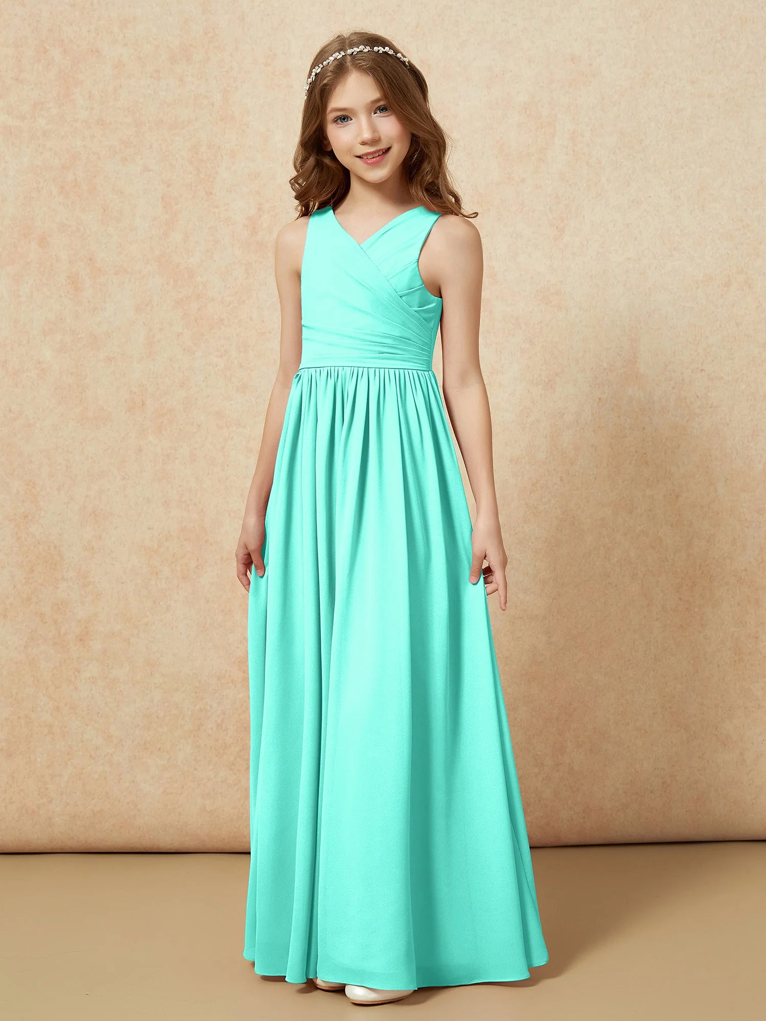 Plissee V-Ausschnitt Chiffon Lang Junge Brautjungfernkleider Spa - Image 3