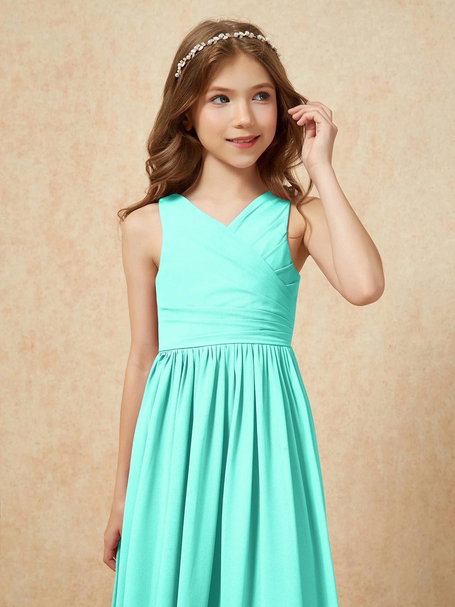 Plissee V-Ausschnitt Chiffon Lang Junge Brautjungfernkleider Spa - Image 6