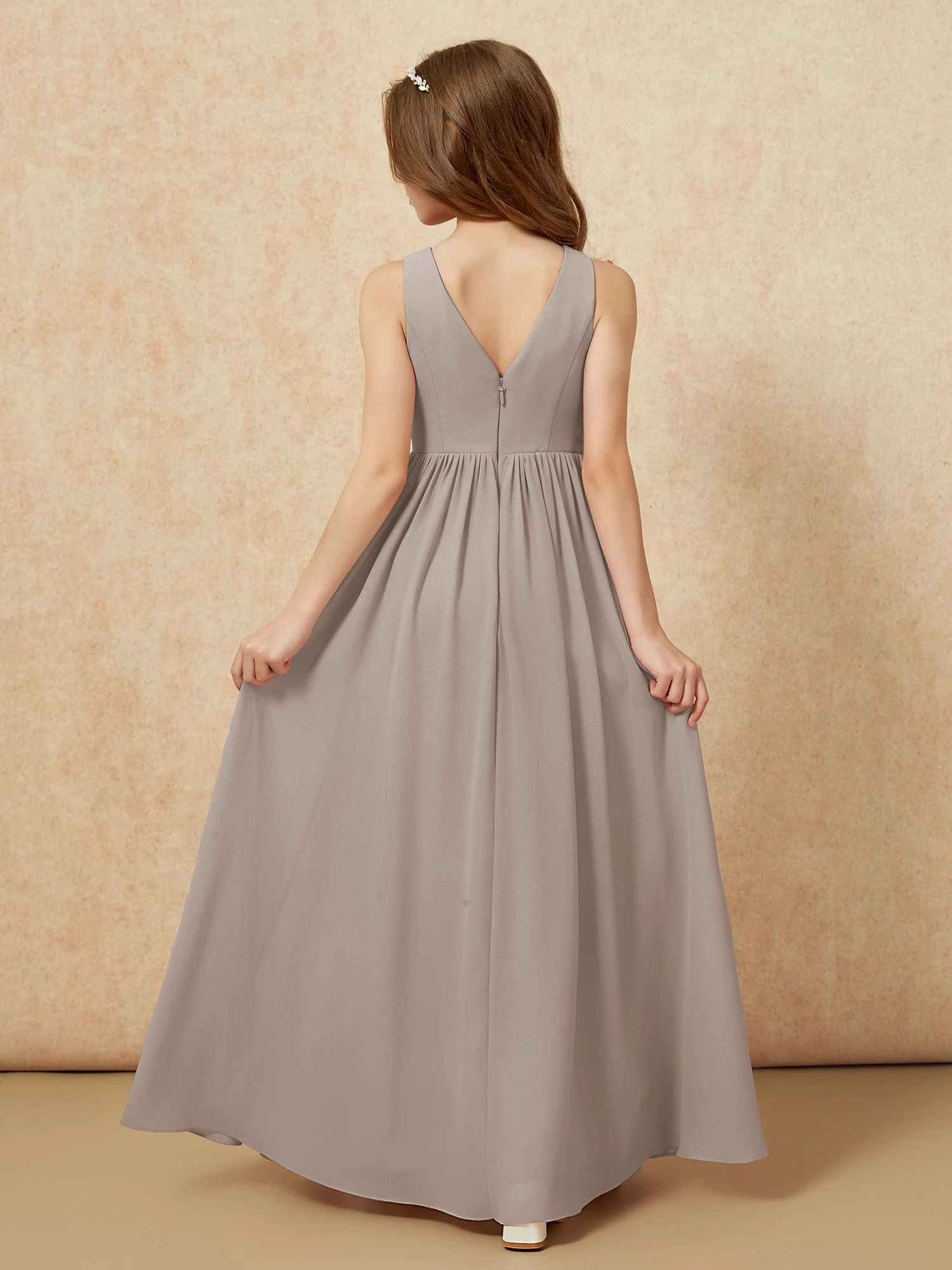 Plissee V-Ausschnitt Chiffon Lang Junge Brautjungfernkleider Taupe - Image 2