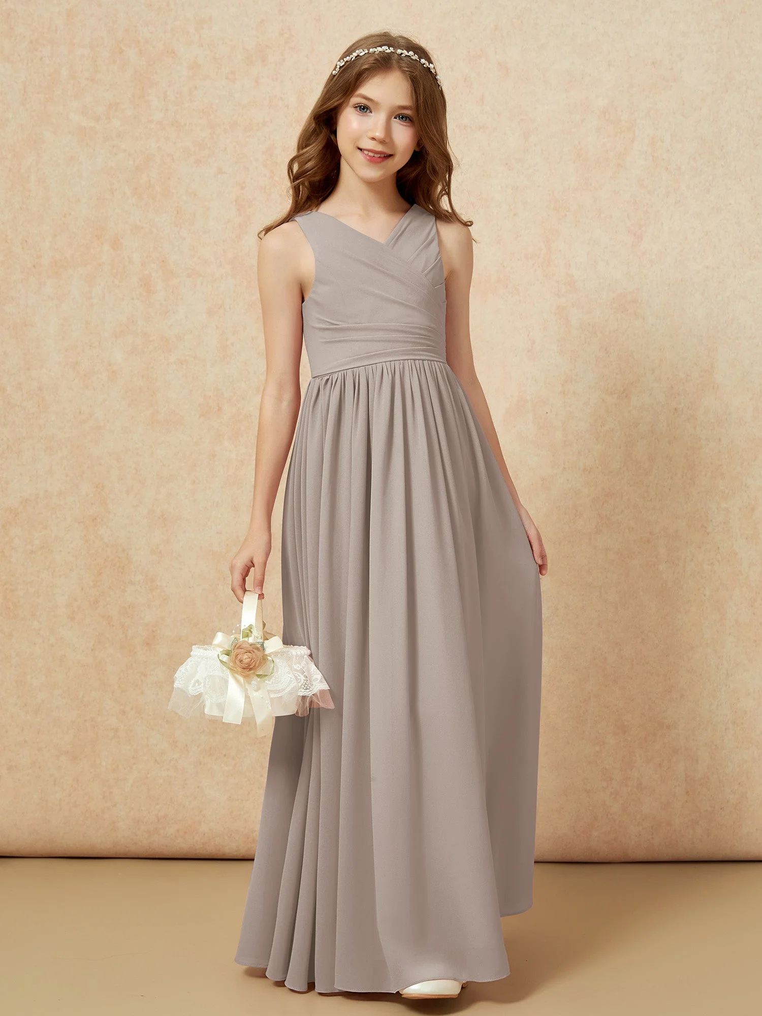 Plissee V-Ausschnitt Chiffon Lang Junge Brautjungfernkleider Taupe - Image 4