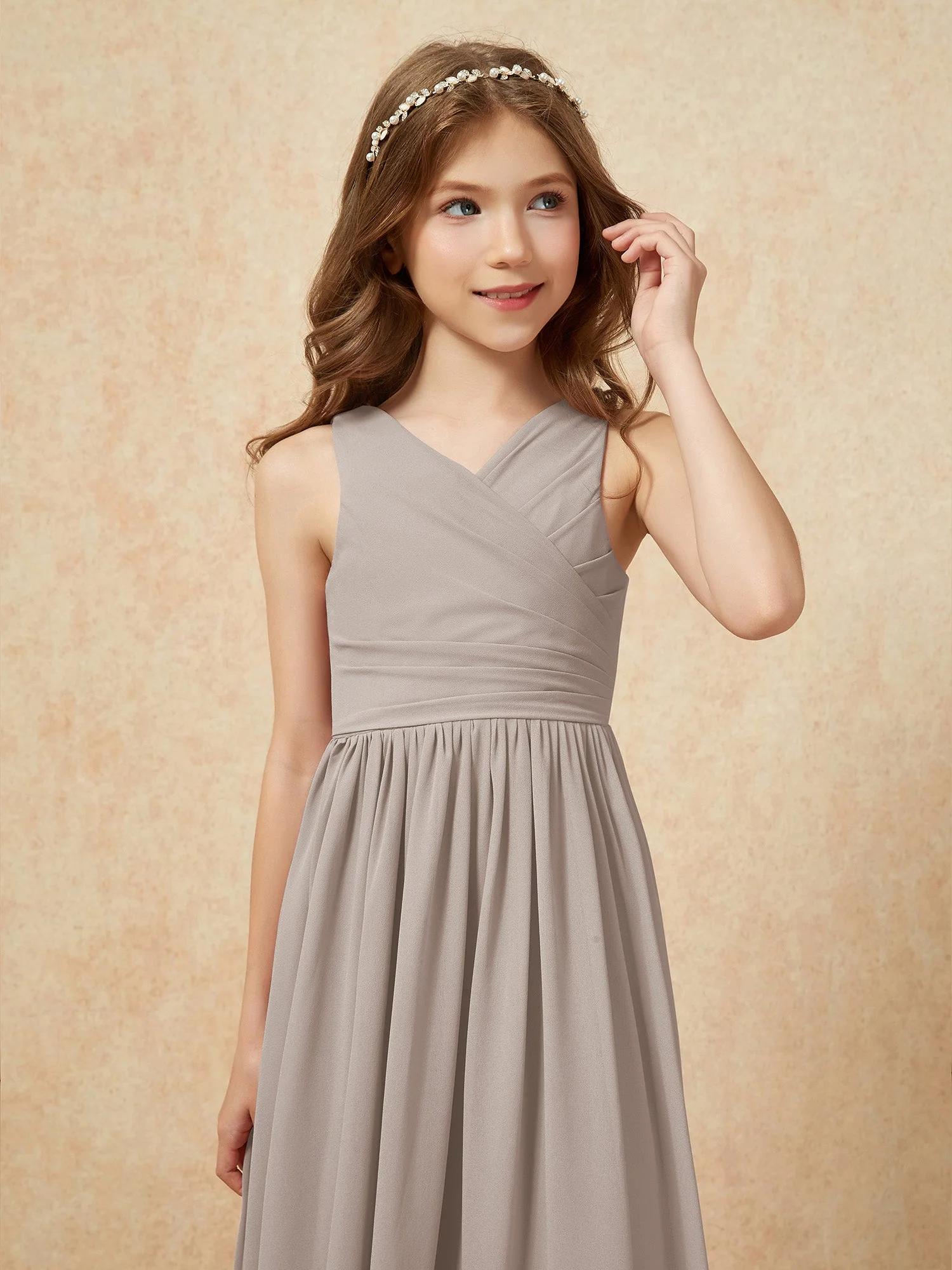 Plissee V-Ausschnitt Chiffon Lang Junge Brautjungfernkleider Taupe - Image 6