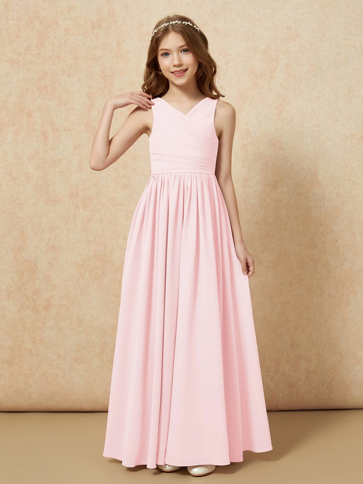 Plissee V-Ausschnitt Chiffon Lang Junge Brautjungfernkleider Zartrosa