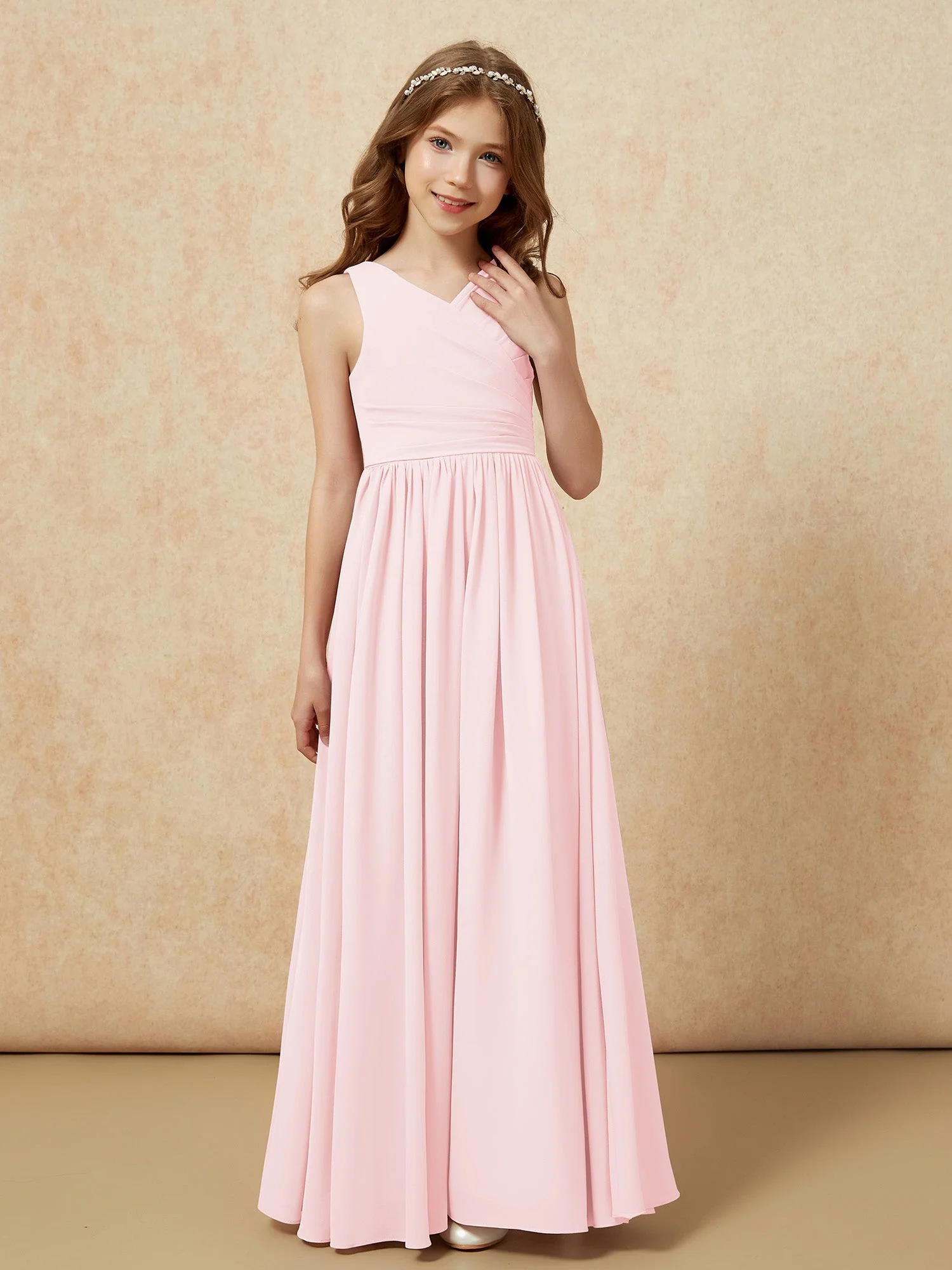 Plissee V-Ausschnitt Chiffon Lang Junge Brautjungfernkleider Zartrosa - Image 5