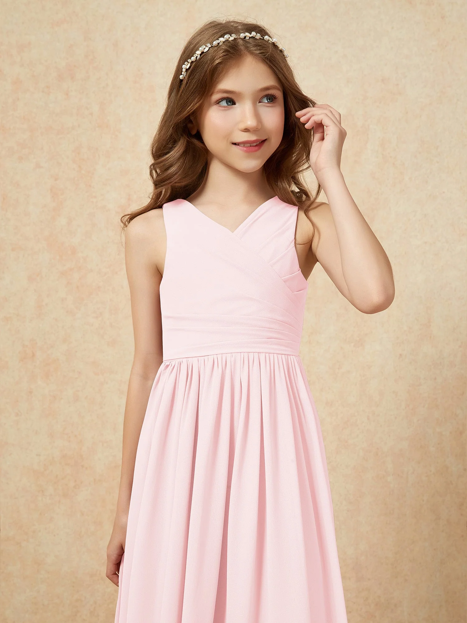Plissee V-Ausschnitt Chiffon Lang Junge Brautjungfernkleider Zartrosa - Image 6