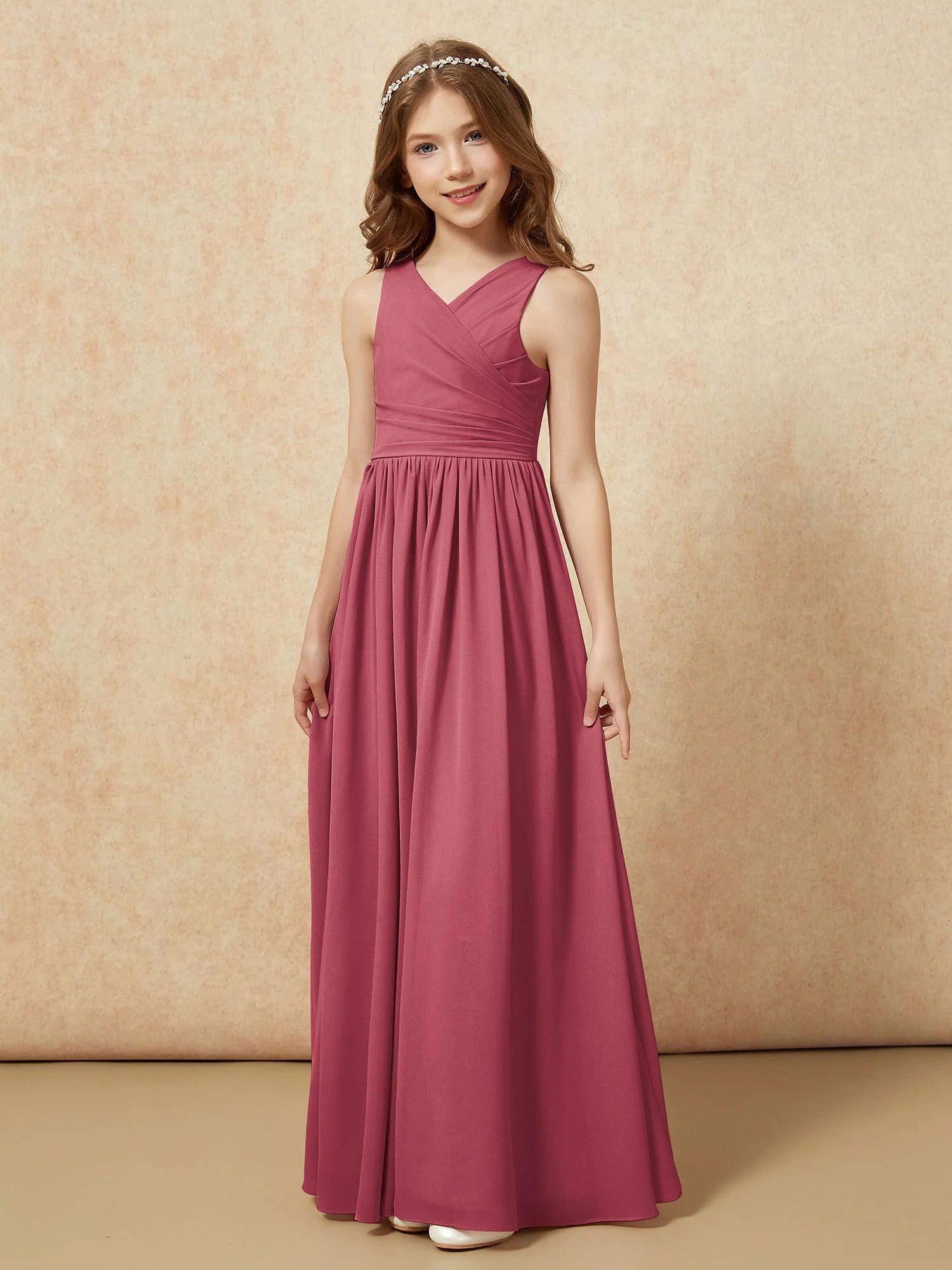 Plissee V-Ausschnitt Chiffon Lang Junge Brautjungfernkleider Zimtrose - Image 3