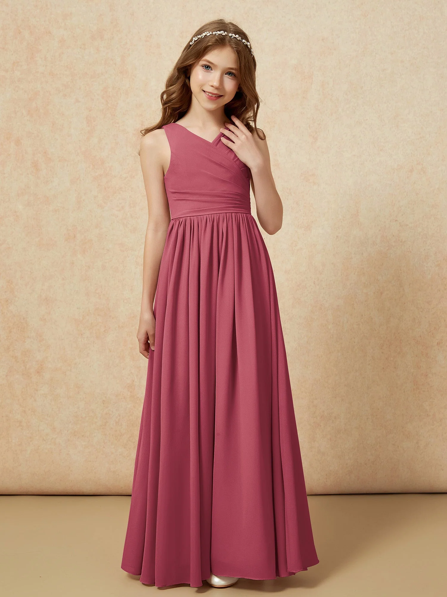 Plissee V-Ausschnitt Chiffon Lang Junge Brautjungfernkleider Zimtrose - Image 5