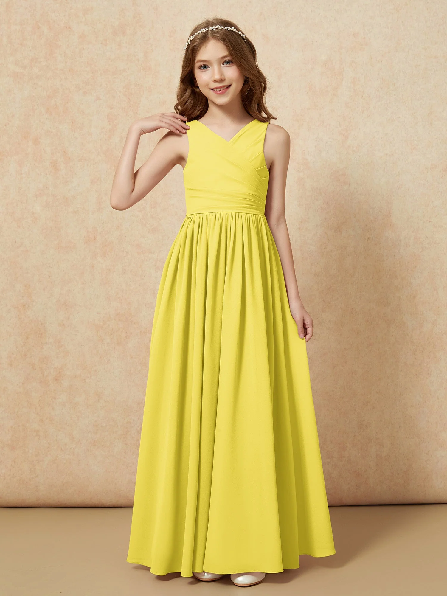 Plissee V-Ausschnitt Chiffon Lang Junge Brautjungfernkleider Zitrone