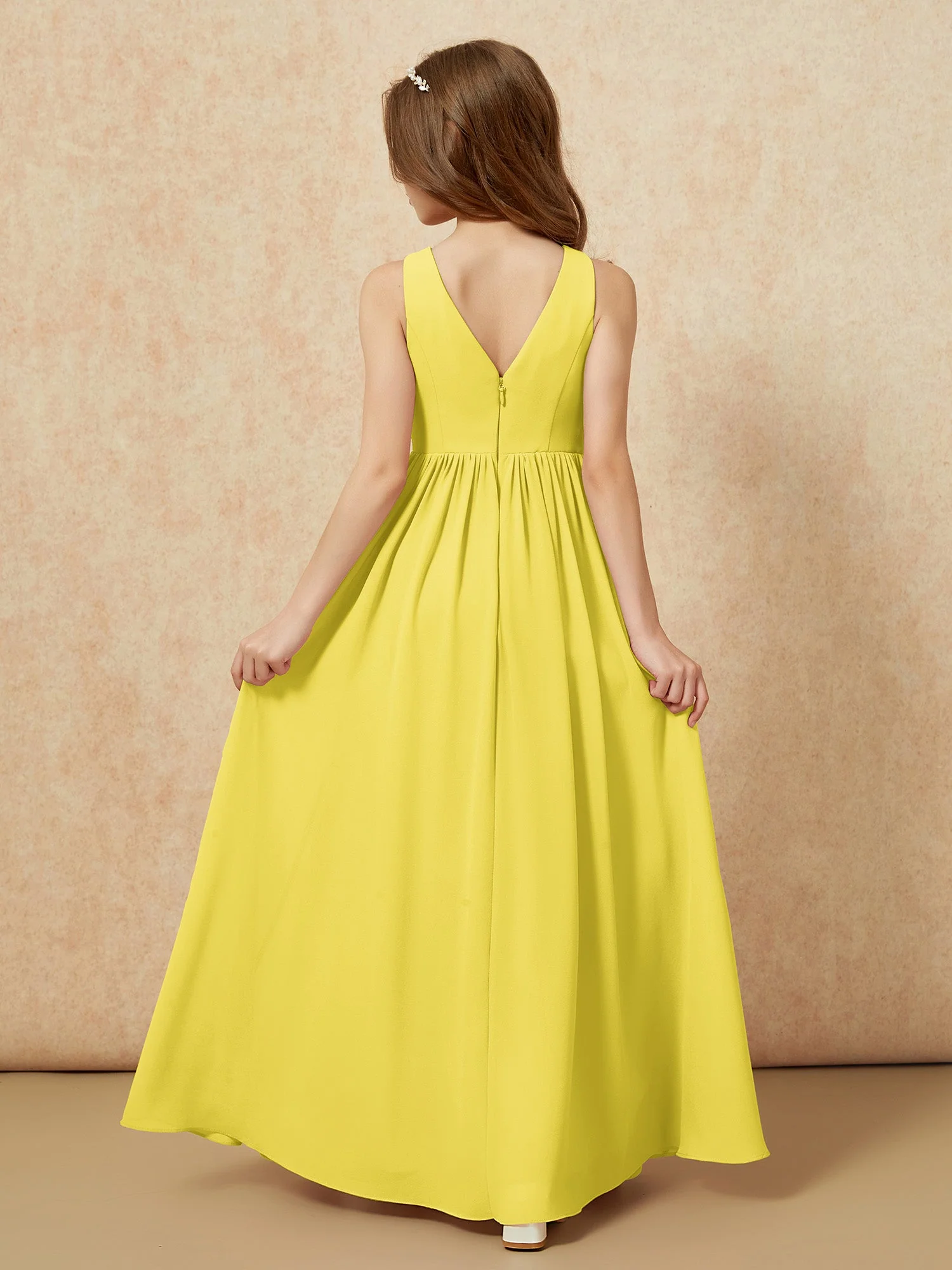 Plissee V-Ausschnitt Chiffon Lang Junge Brautjungfernkleider Zitrone - Image 2