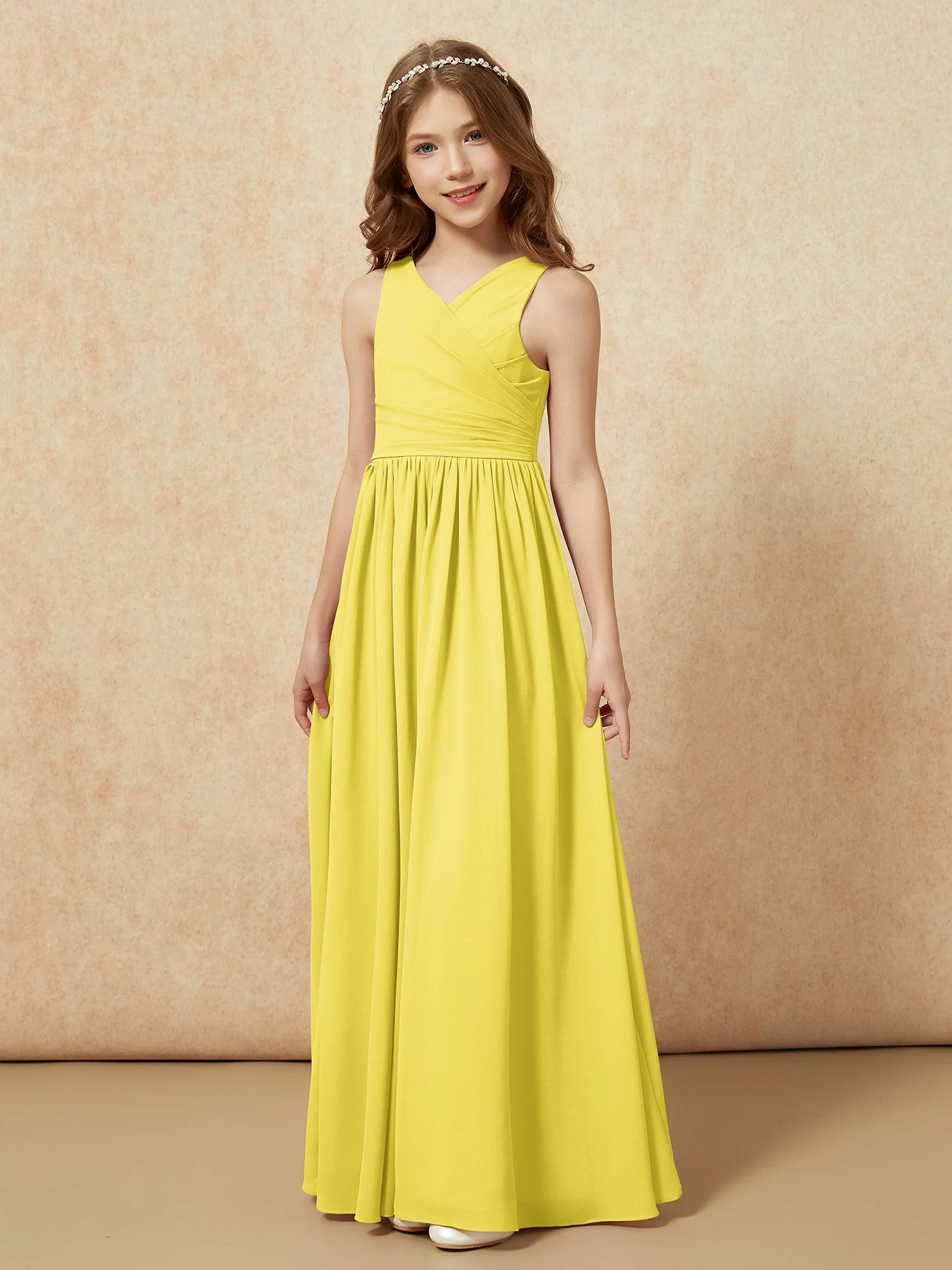 Plissee V-Ausschnitt Chiffon Lang Junge Brautjungfernkleider Zitrone - Image 3