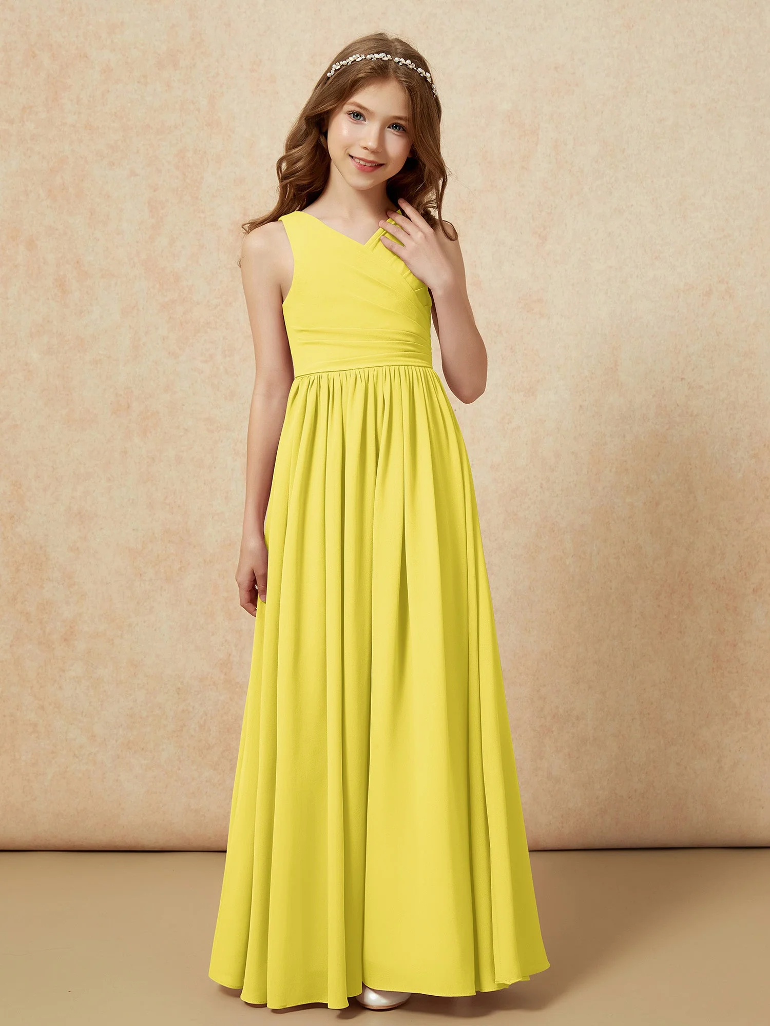 Plissee V-Ausschnitt Chiffon Lang Junge Brautjungfernkleider Zitrone - Image 5