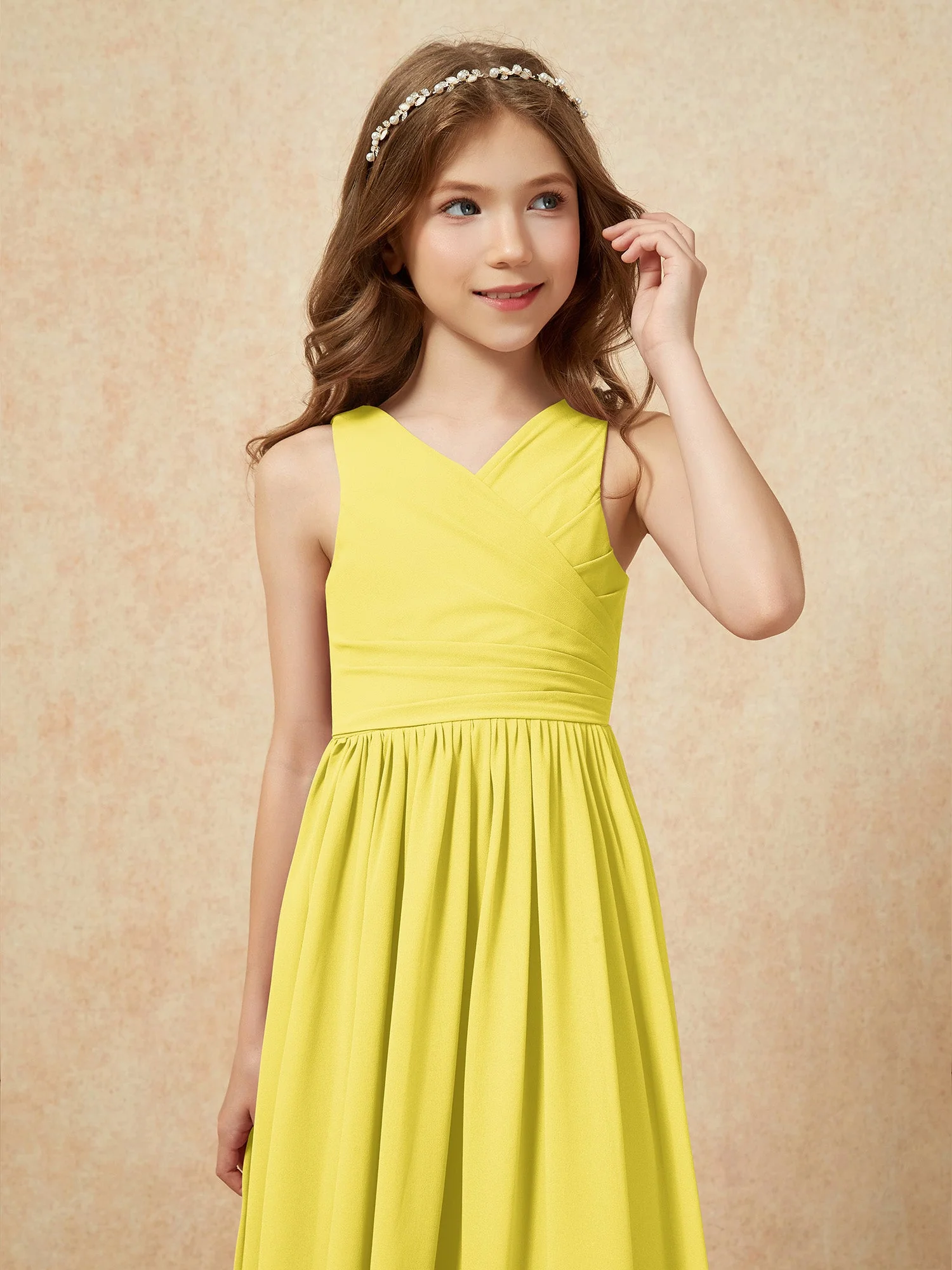 Plissee V-Ausschnitt Chiffon Lang Junge Brautjungfernkleider Zitrone - Image 6