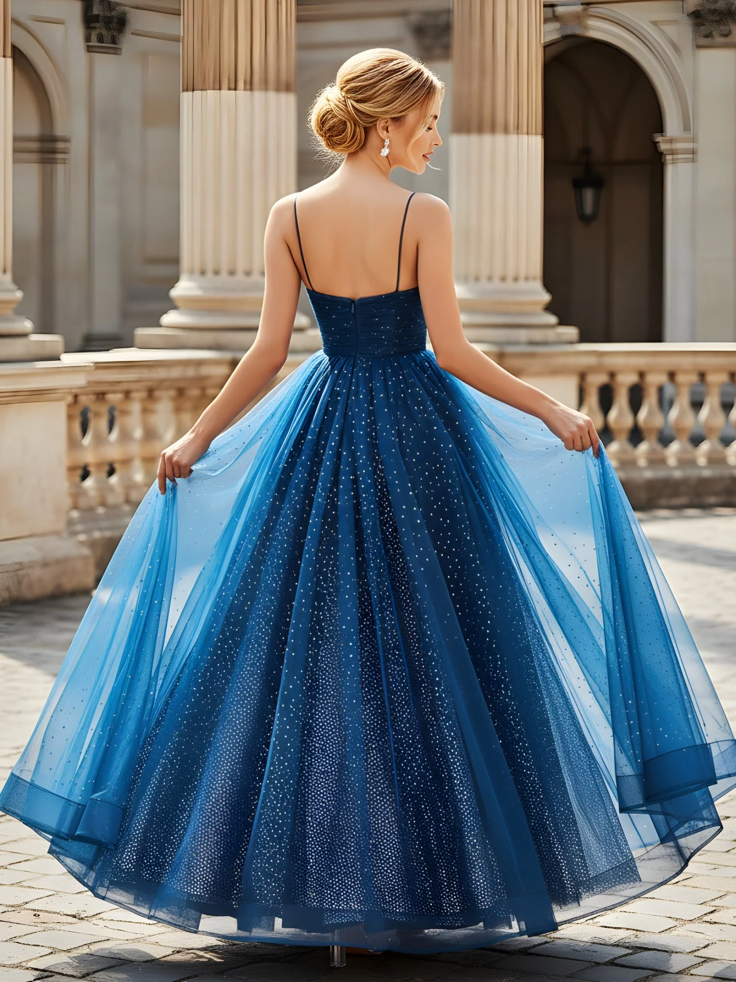 Sternstaub Tüll A-Linie Kleid mit Spaghettiträger Dunkelmarine - Image 2